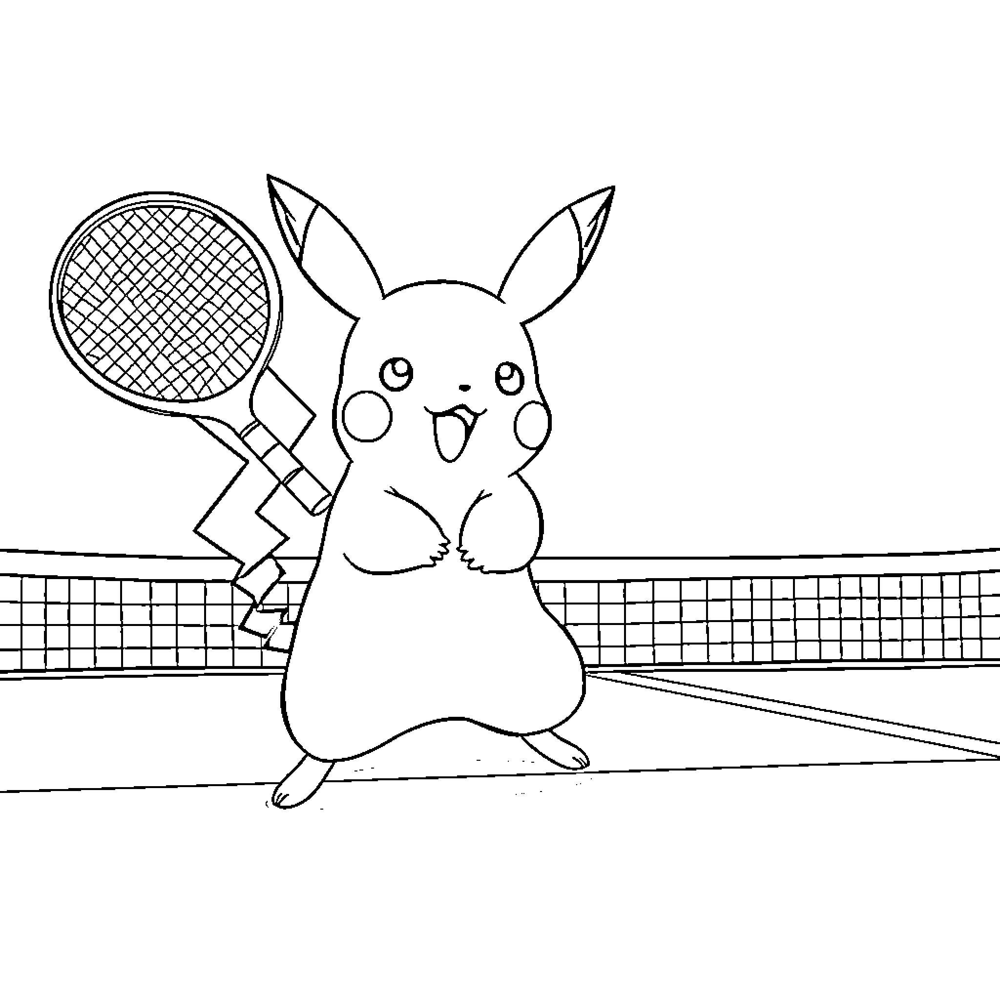 Pikachu playing tennis on the court Coloring Page (free black-and-white line drawing printable PDF for all, from beginners to advanced learners, including children, teens, adults, and seniors)
