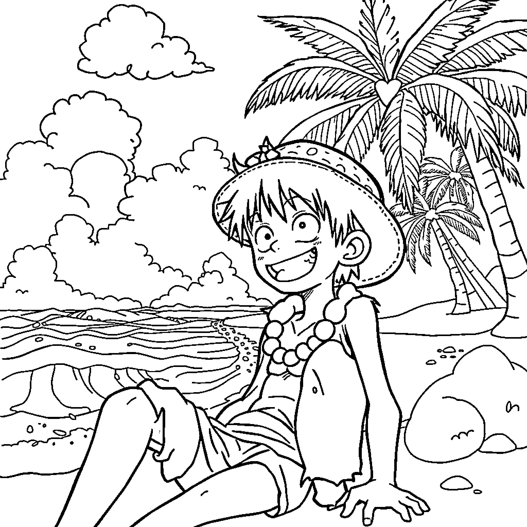 Monkey D Luffy Exploring a Tropical Beach Coloring Page (free black-and-white line drawing printable PDF for all, from beginners to advanced learners, including children, teens, adults, and seniors)