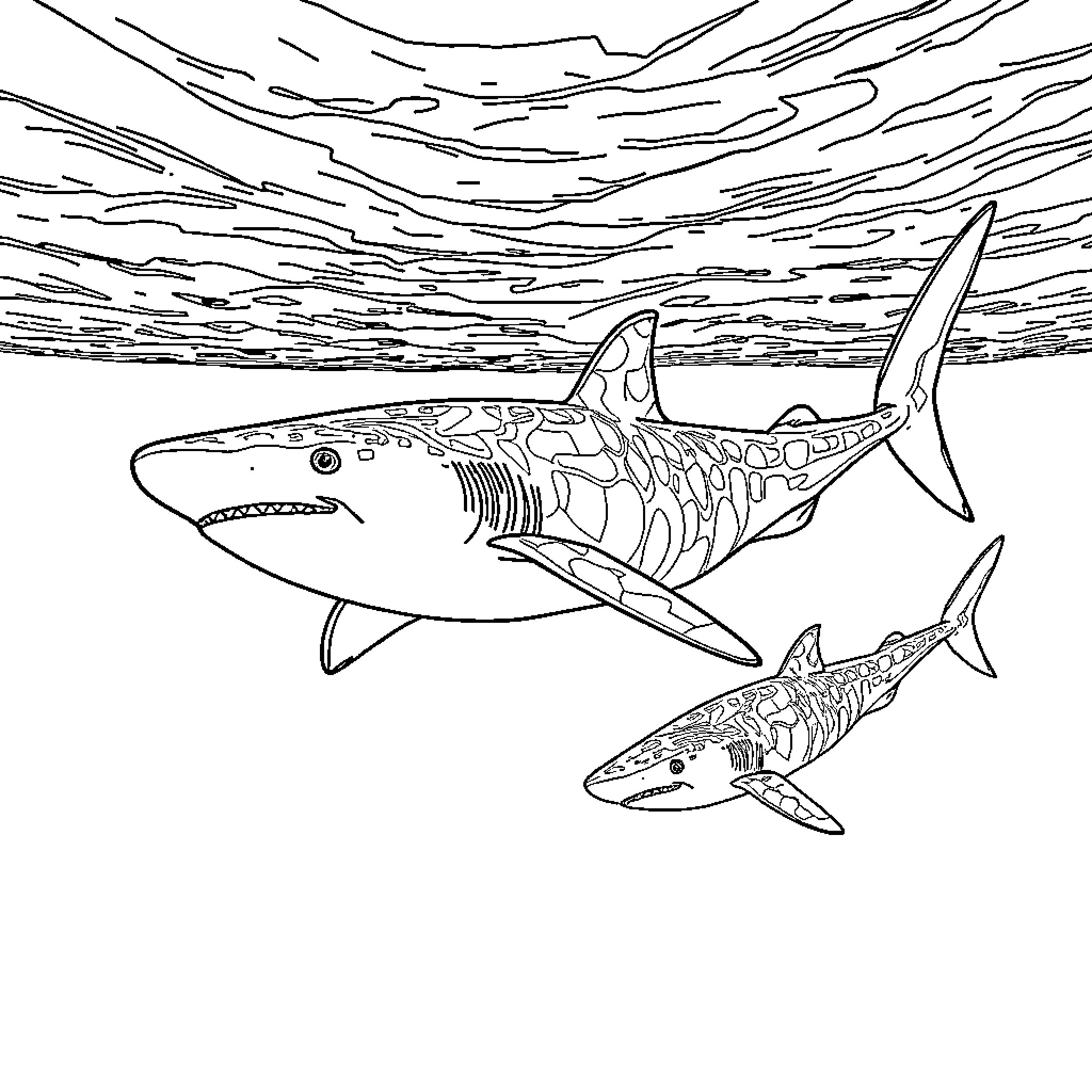 Whale Sharks Swimming in the Open Ocean Coloring Page (free black-and-white line drawing printable PDF for all, from beginners to advanced learners, including children, teens, adults, and seniors)
