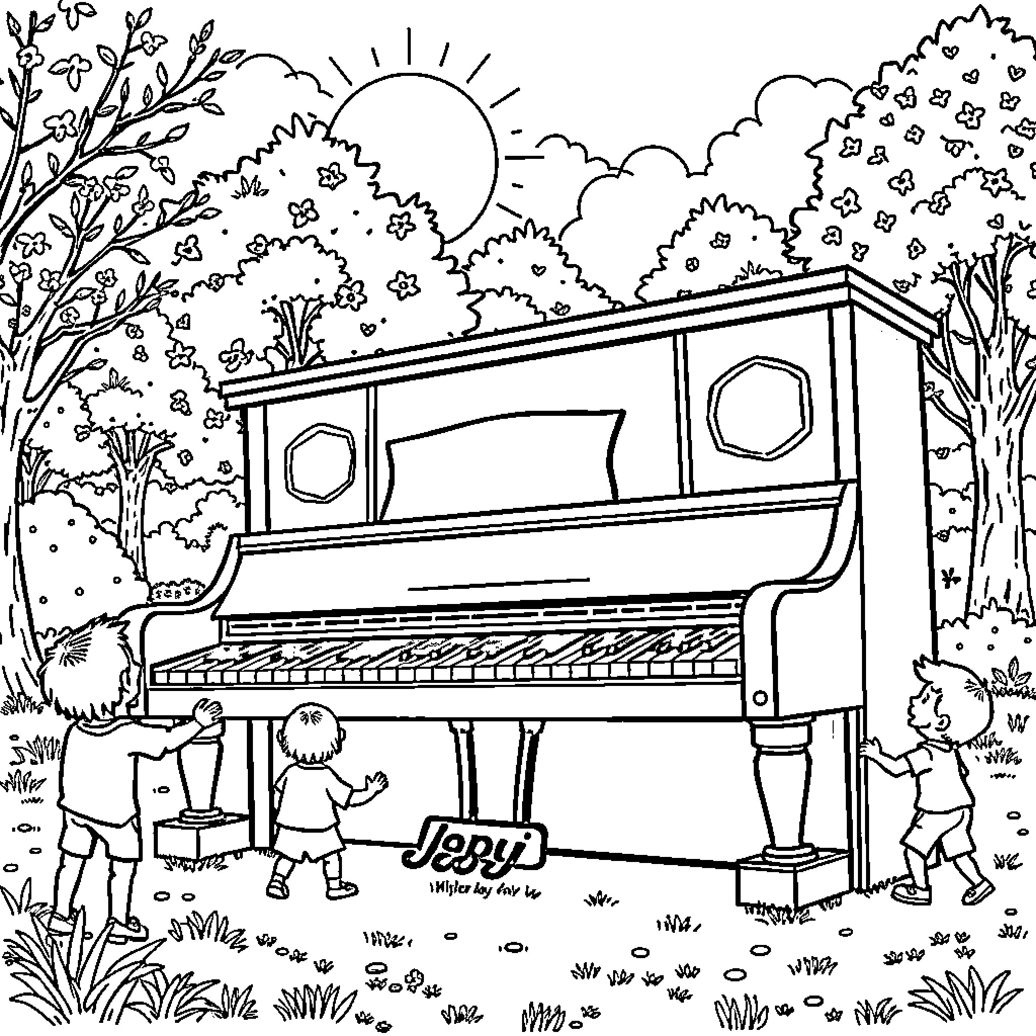 Giant Musical Instruments in Lush Outdoor Setting Coloring Page (free black-and-white line drawing printable PDF for all, from beginners to advanced learners, including children, teens, adults, and seniors)
