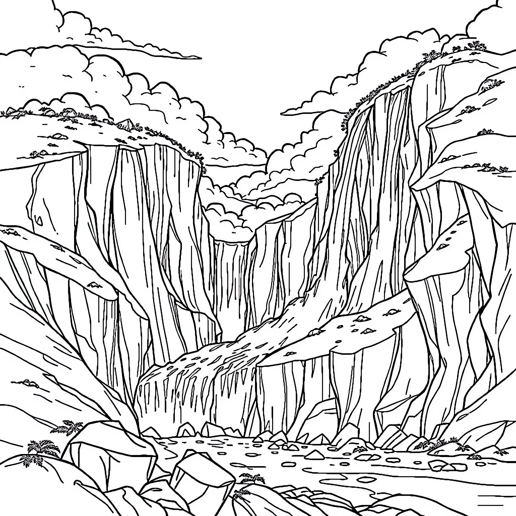 Escavadeira in a rugged mountain landscape Coloring Page (free black-and-white line drawing printable PDF for all, from beginners to advanced learners, including children, teens, adults, and seniors)