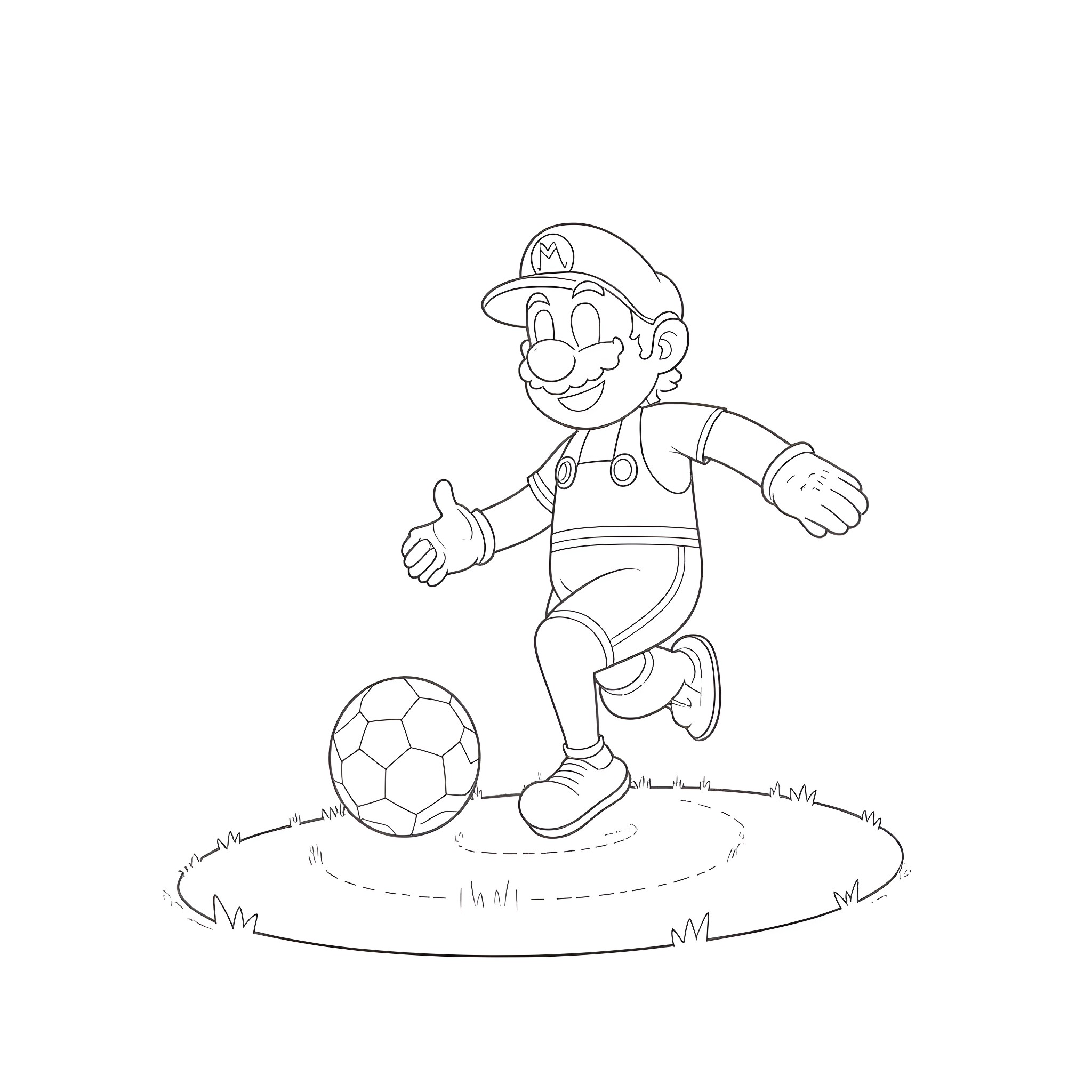 Mario kicking a soccer ball on the field Coloring Page (free black-and-white line drawing printable PDF for all, from beginners to advanced learners, including children, teens, adults, and seniors)