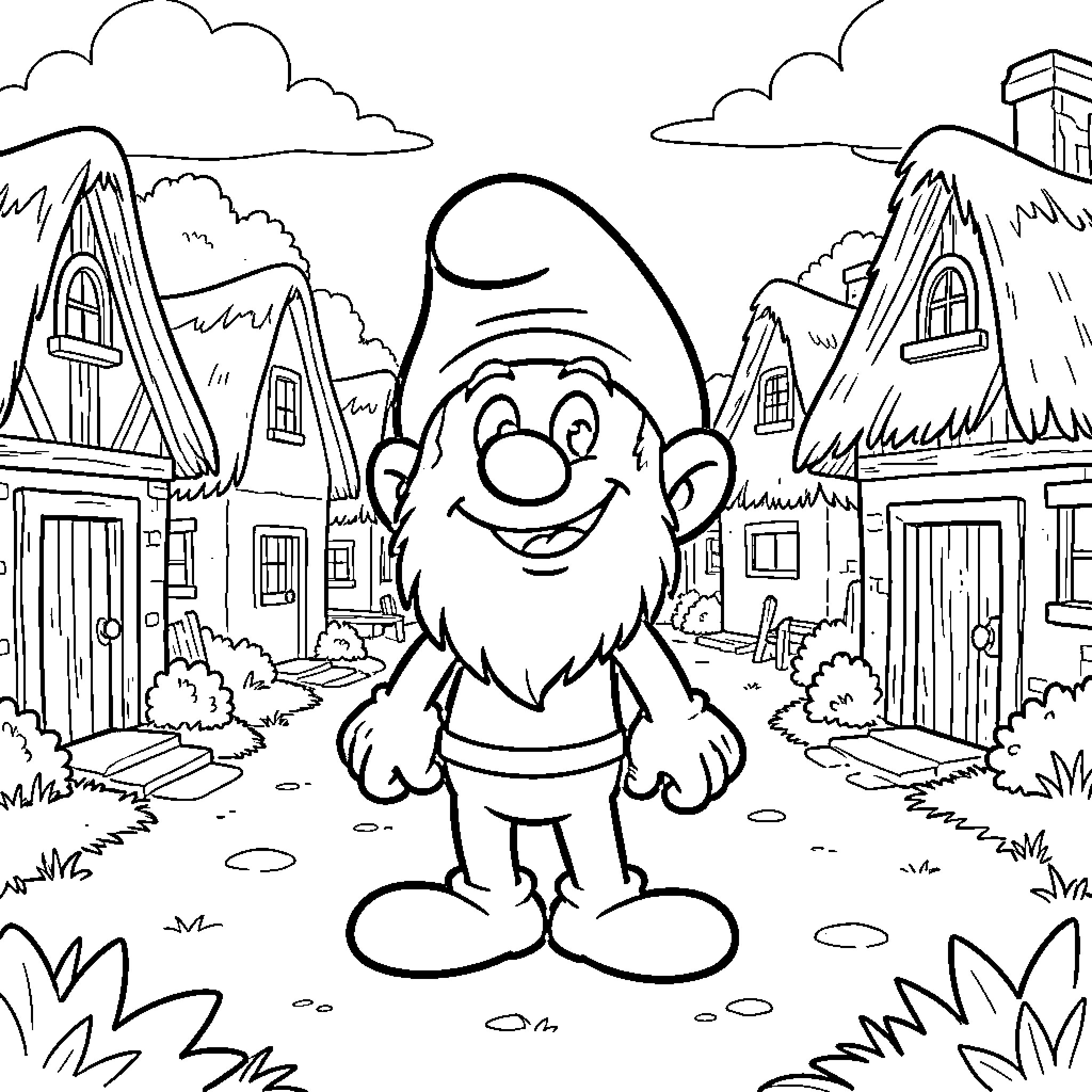 Papa Smurf explores the quaint Smurf village Coloring Page (free black-and-white line drawing printable PDF for all, from beginners to advanced learners, including children, teens, adults, and seniors)