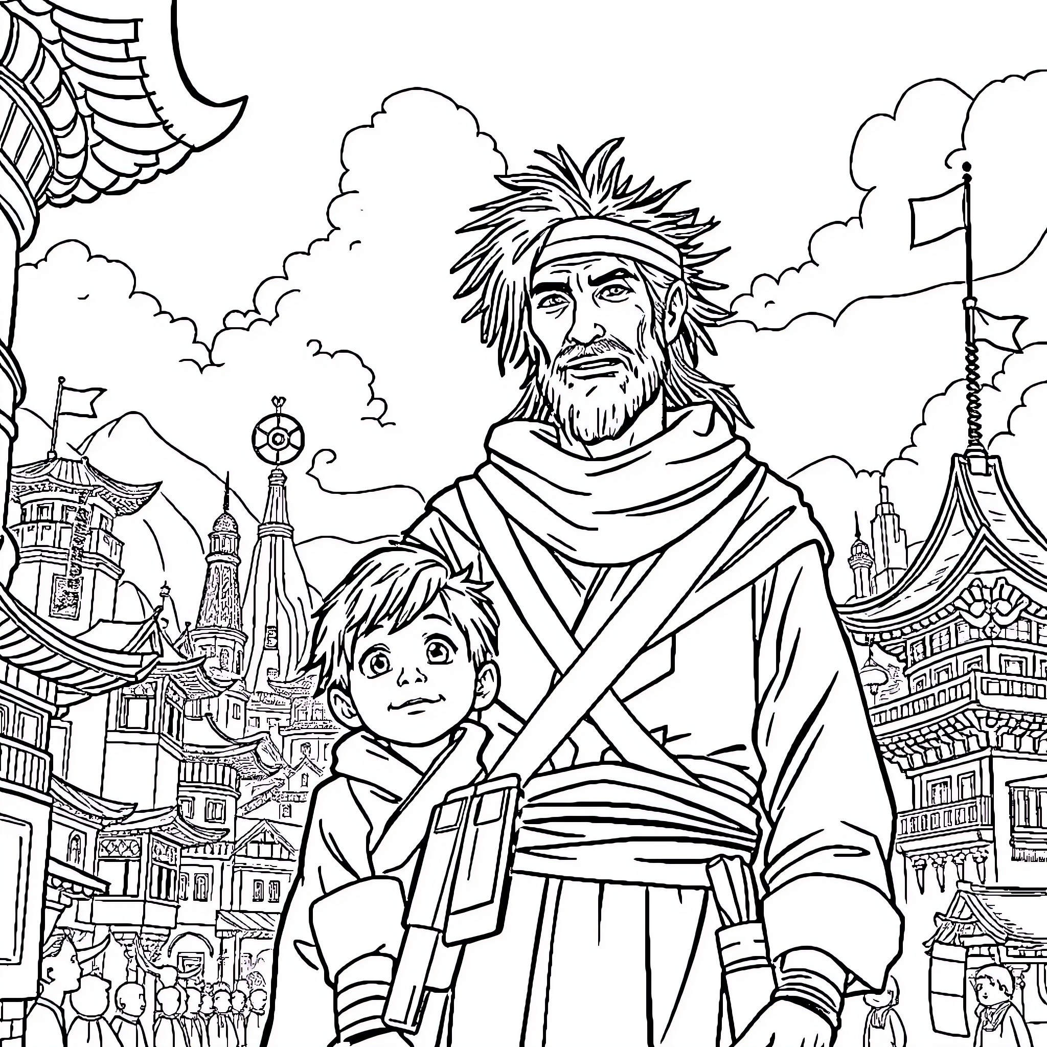 Spider-Man Teaches Young Apprentice in Fantastical City Coloring Page (free black-and-white line drawing printable PDF for all, from beginners to advanced learners, including children, teens, adults, and seniors)