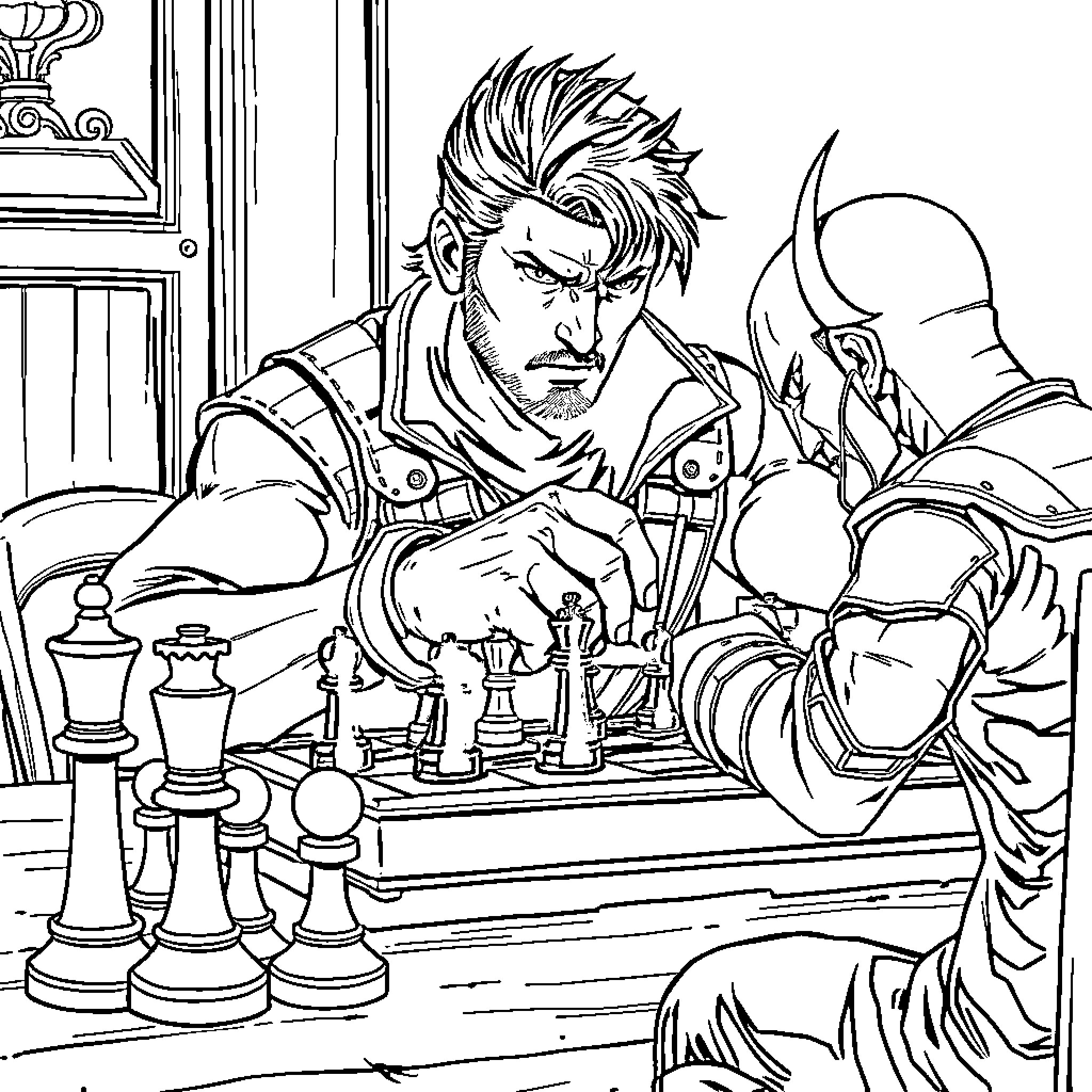 Snake characters playing chess in a tense encounter Coloring Page (free black-and-white line drawing printable PDF for all, from beginners to advanced learners, including children, teens, adults, and seniors)