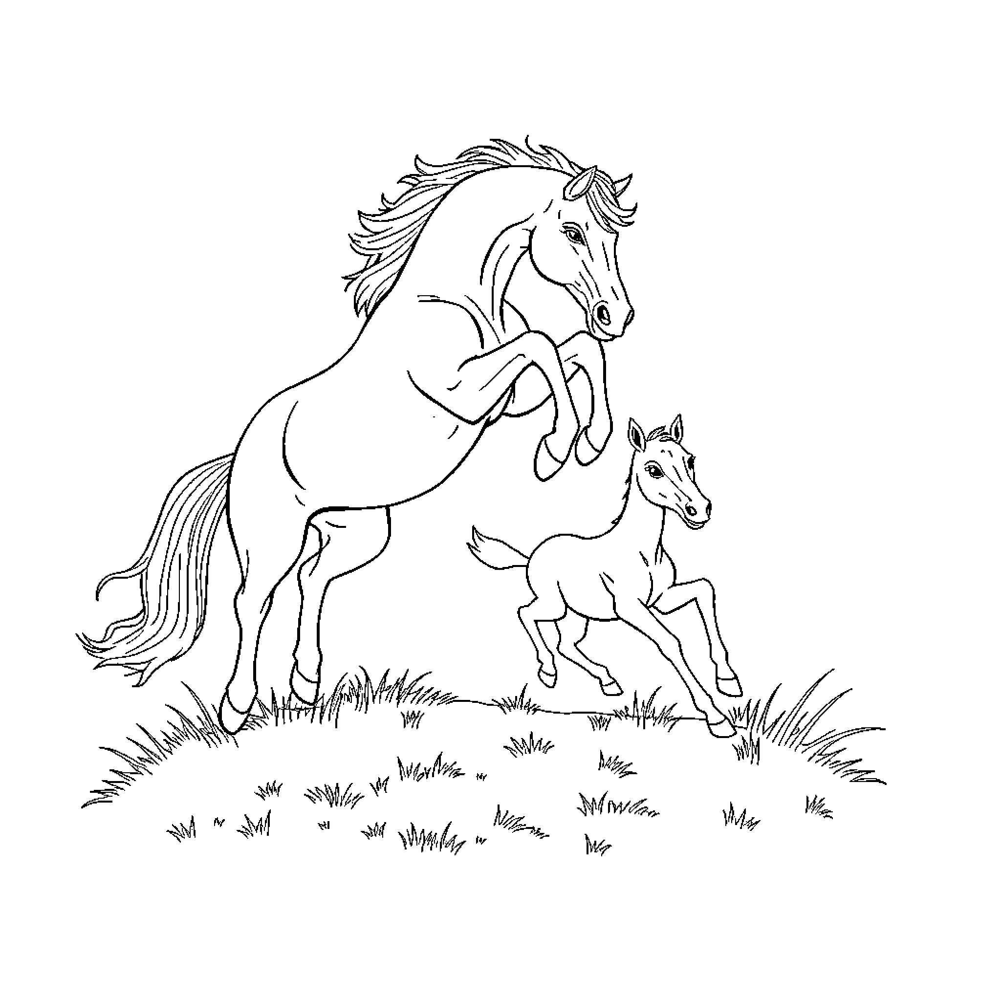 Horse and foal playing in the meadow Coloring Page (free black-and-white line drawing printable PDF for all, from beginners to advanced learners, including children, teens, adults, and seniors)