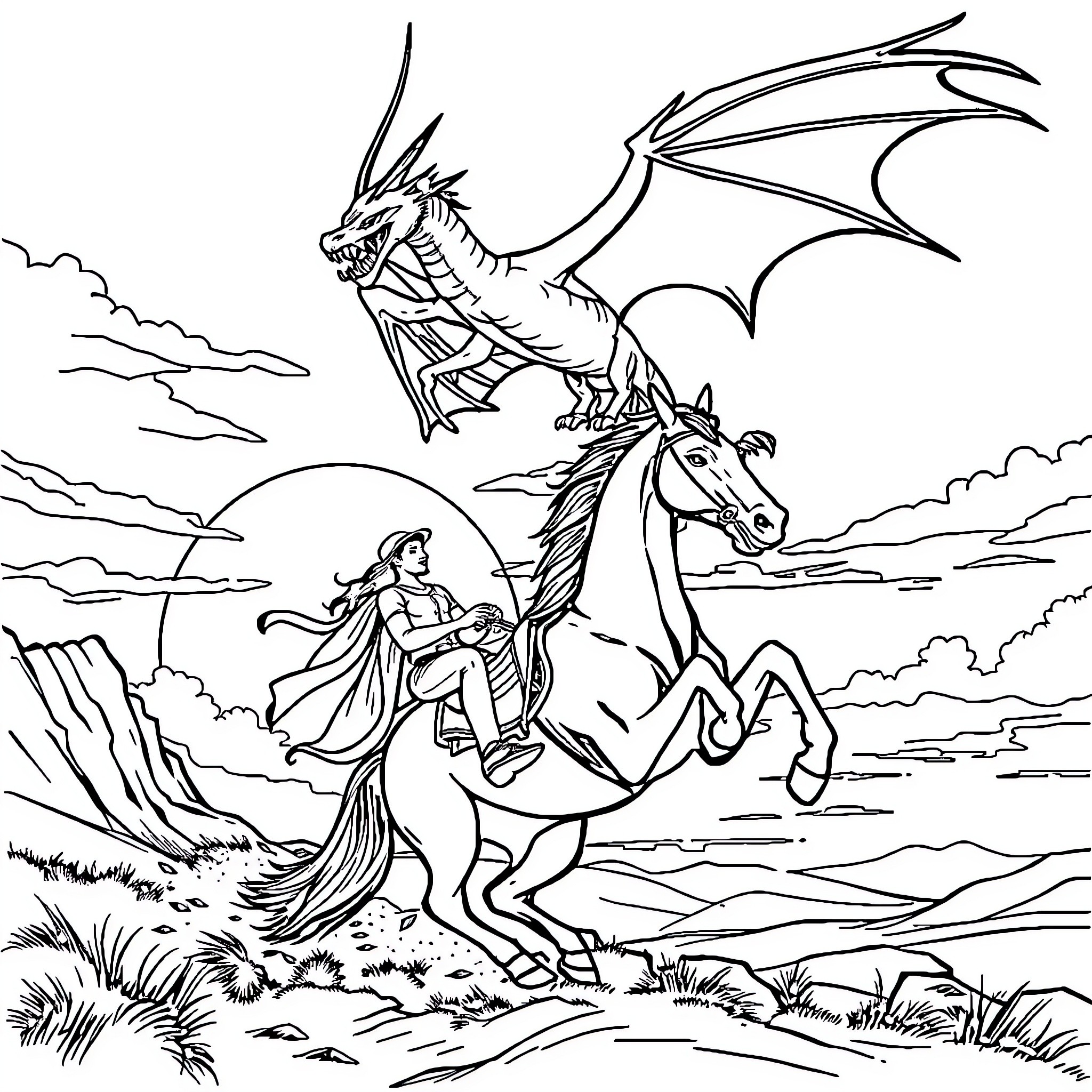 Person riding horse and encountering dragon in fantasy landscape Coloring Page (free black-and-white line drawing printable PDF for all, from beginners to advanced learners, including children, teens, adults, and seniors)