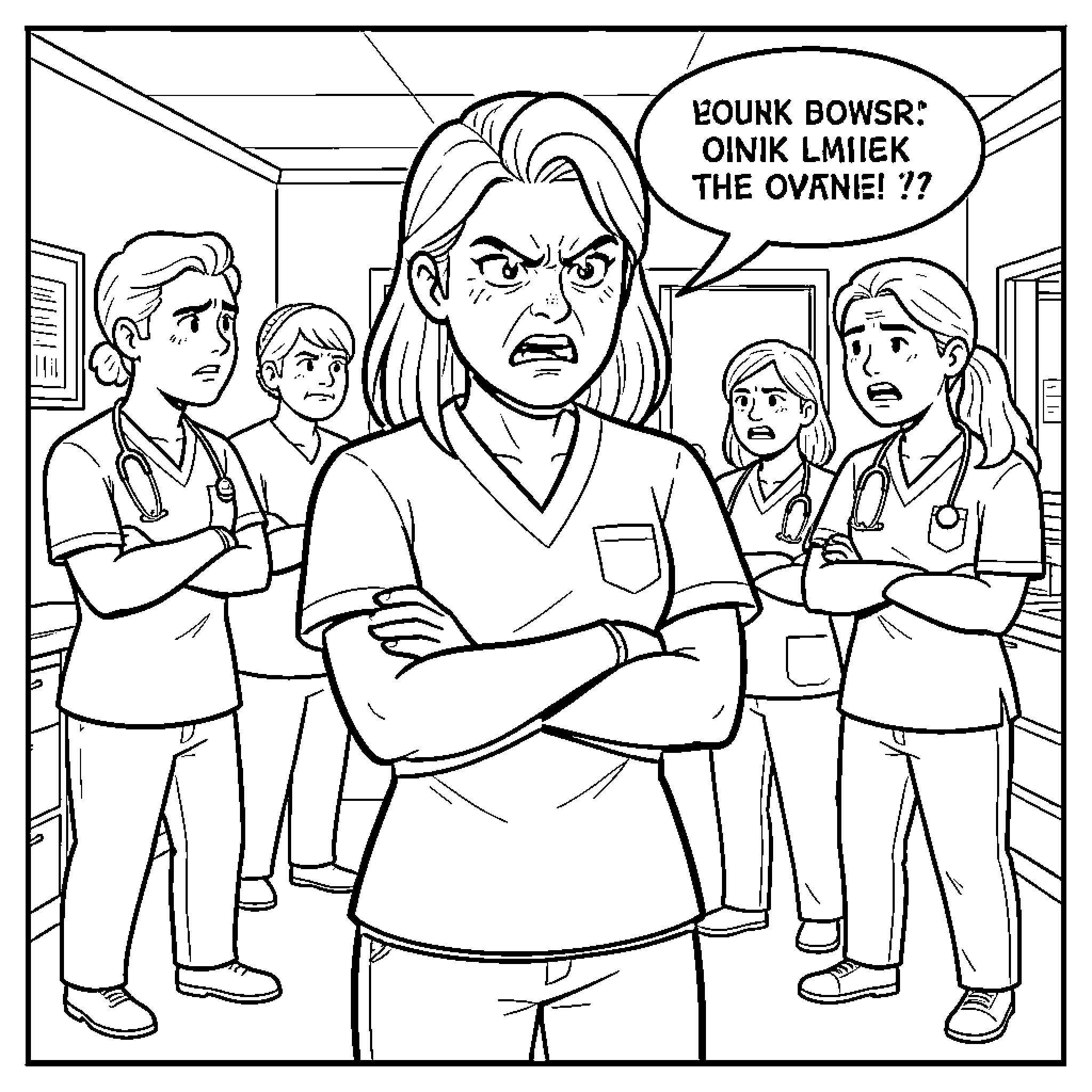 Nursing Supervisor looking angry with arms crossed Coloring Page (free black-and-white line drawing printable PDF for all, from beginners to advanced learners, including children, teens, adults, and seniors)