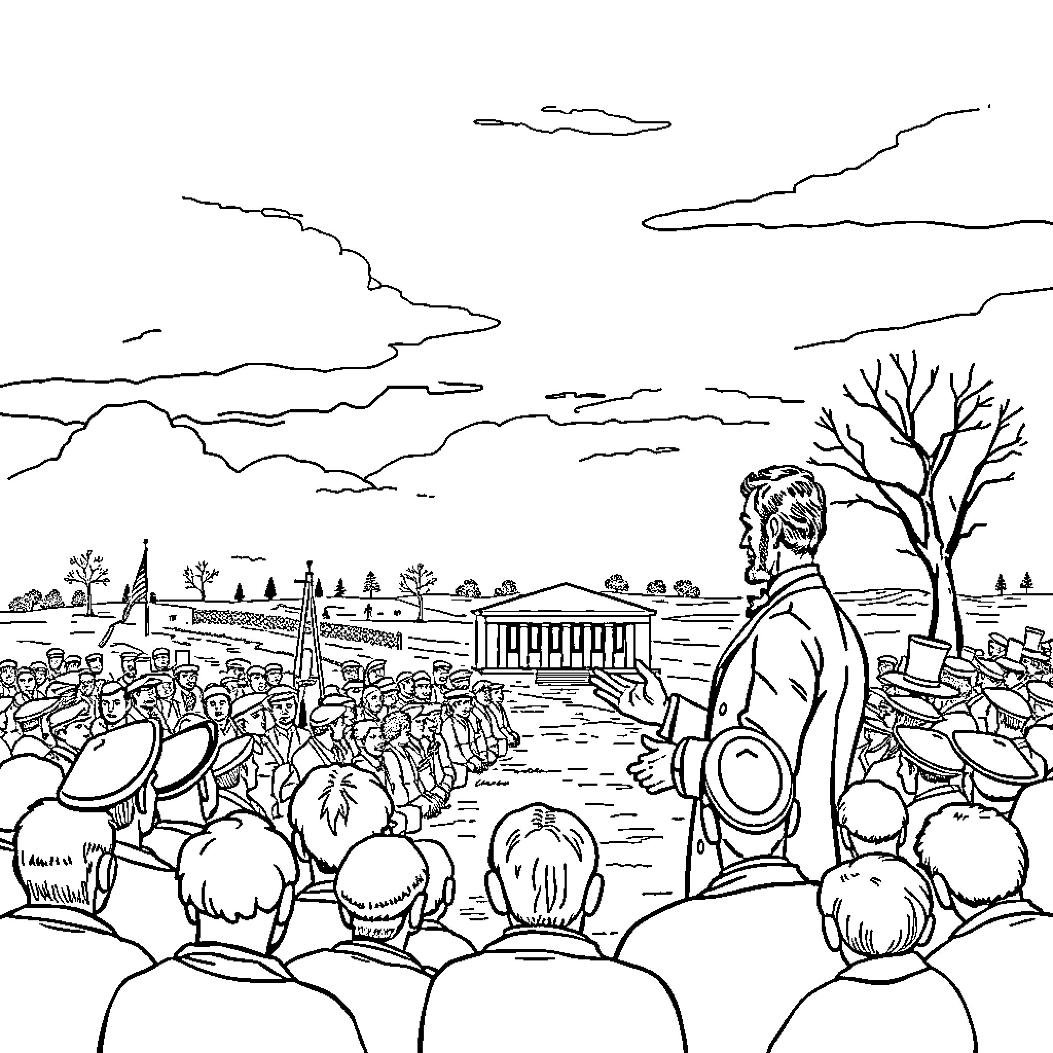 Gettysburg Address - Solemn Crowd Gathers Before Speaker Coloring Page (free black-and-white line drawing printable PDF for all, from beginners to advanced learners, including children, teens, adults, and seniors)