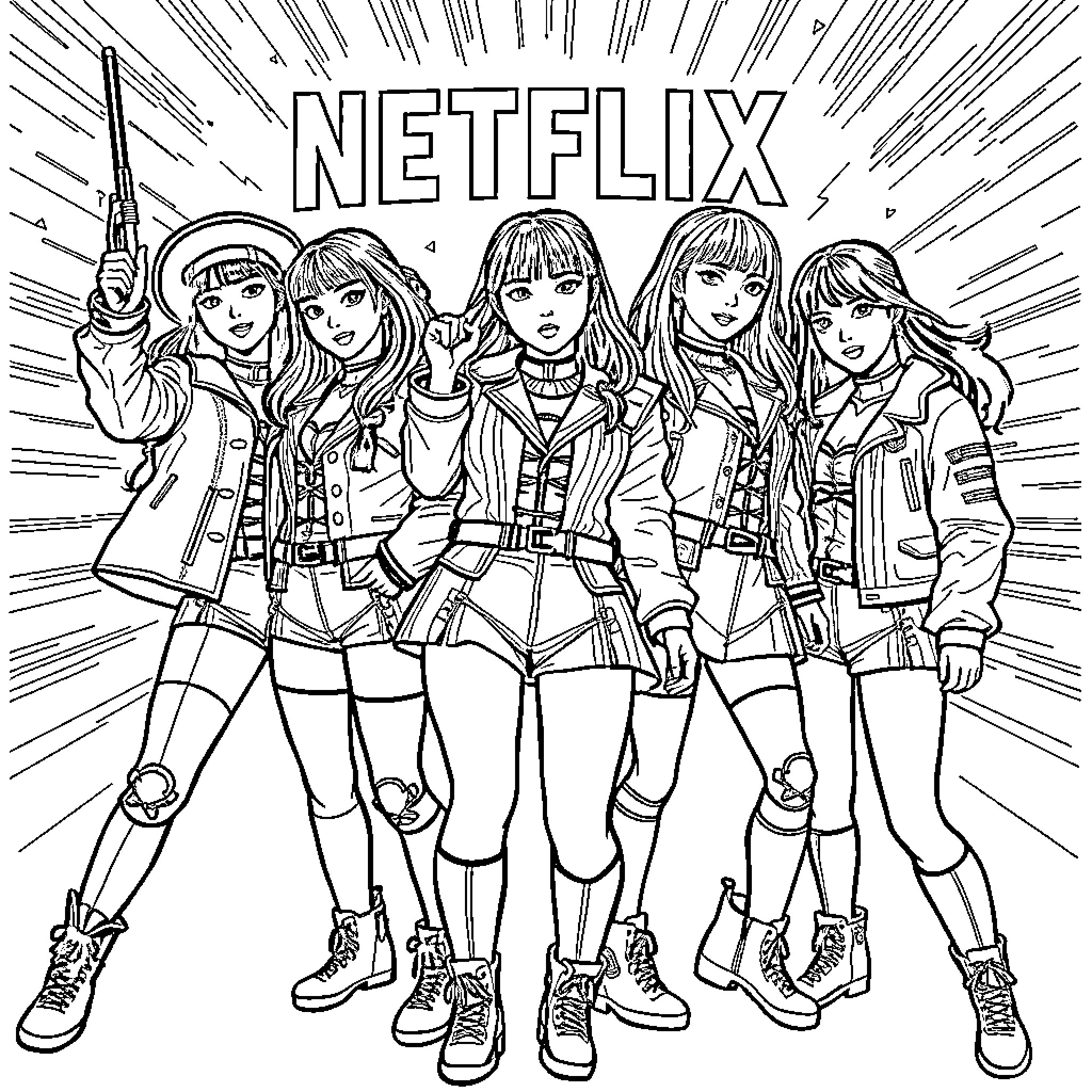 Guerreras Battling for Netflix Coloring Page (free black-and-white line drawing printable PDF for all, from beginners to advanced learners, including children, teens, adults, and seniors)