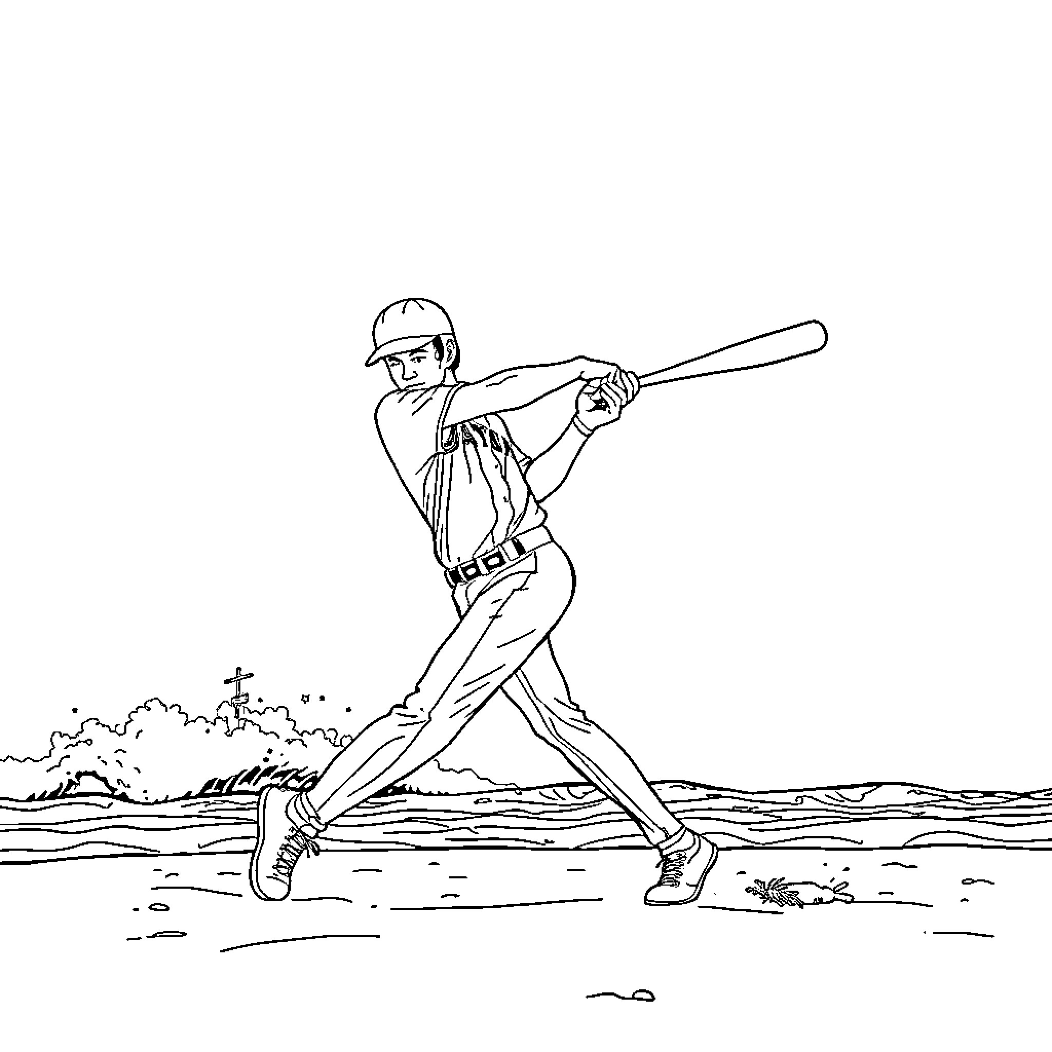 Baseball Player Batting at the Plate Coloring Page (free black-and-white line drawing printable PDF for all, from beginners to advanced learners, including children, teens, adults, and seniors)