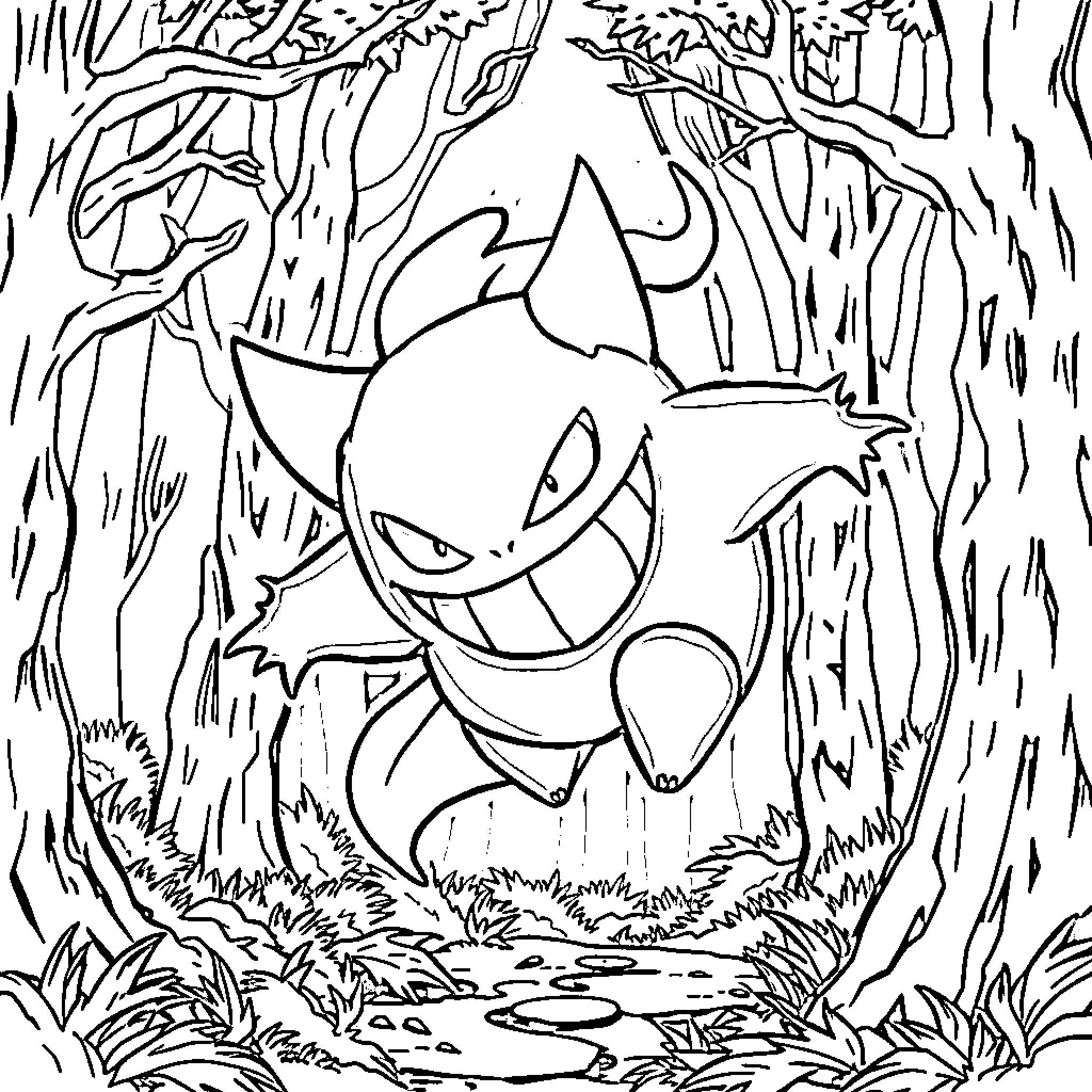 Gengar lurking mischievously in the forest Coloring Page (free black-and-white line drawing printable PDF for all, from beginners to advanced learners, including children, teens, adults, and seniors)