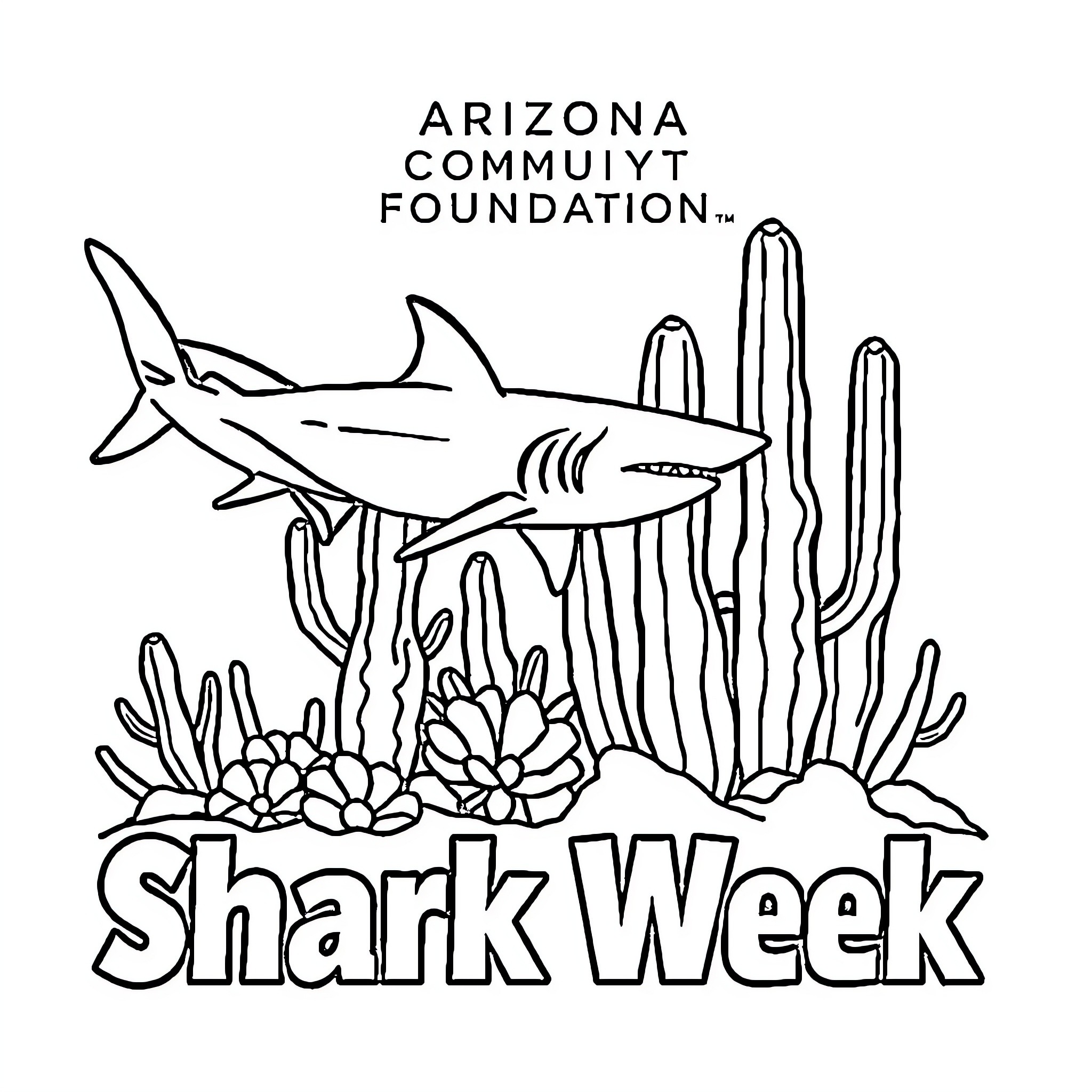 Shark Week with desert landscape Coloring Page (free black-and-white line drawing printable PDF for all, from beginners to advanced learners, including children, teens, adults, and seniors)