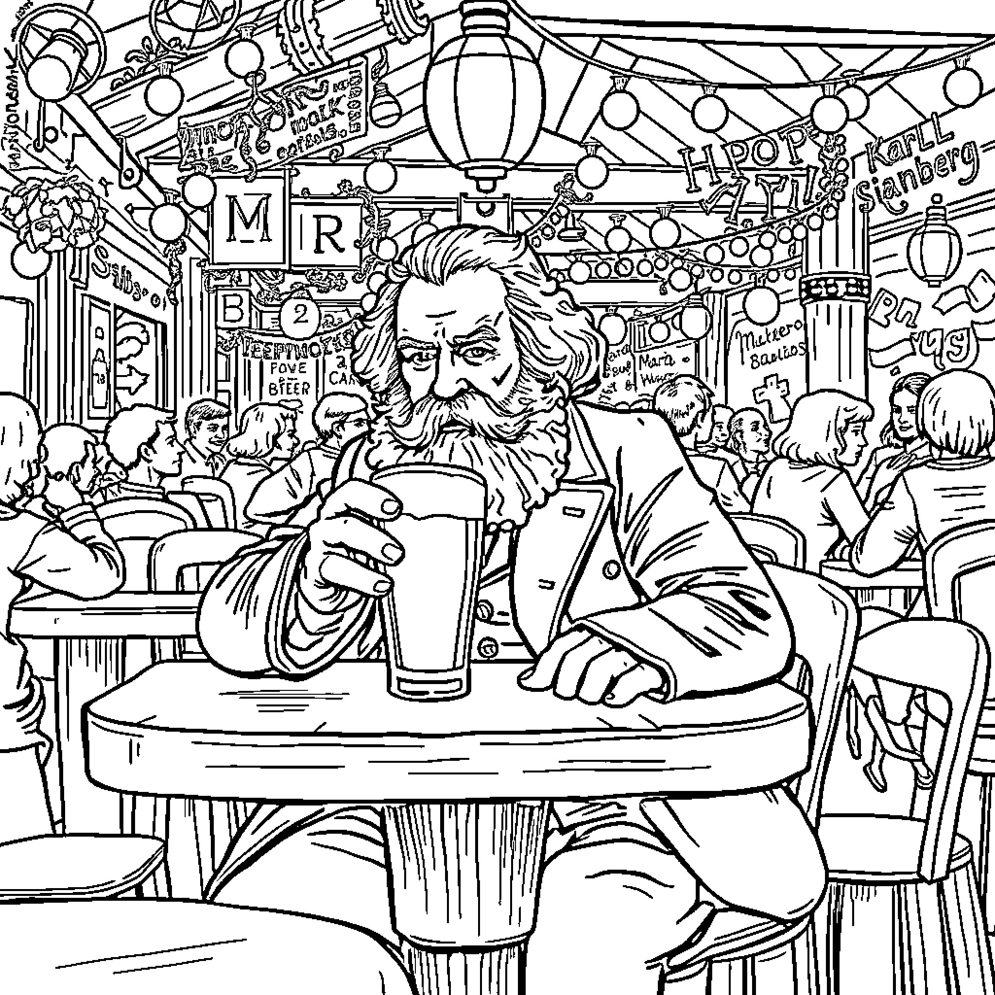 Karl Marx Enjoying a Drink at a Festive Pub Coloring Page (free black-and-white line drawing printable PDF for all, from beginners to advanced learners, including children, teens, adults, and seniors)