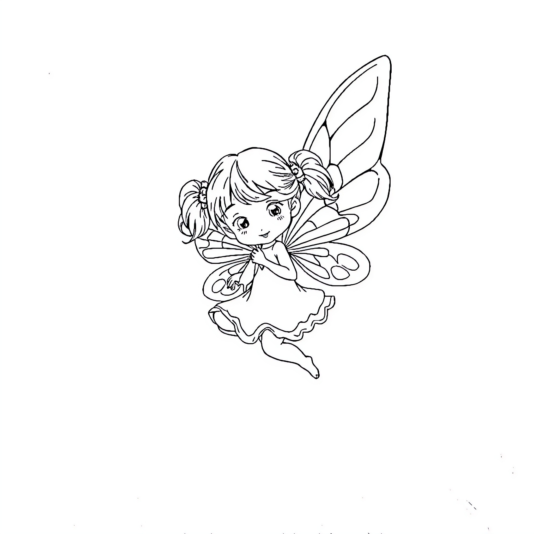 Fairy flying gracefully with a whimsical expression Coloring Page (free black-and-white line drawing printable PDF for all, from beginners to advanced learners, including children, teens, adults, and seniors)