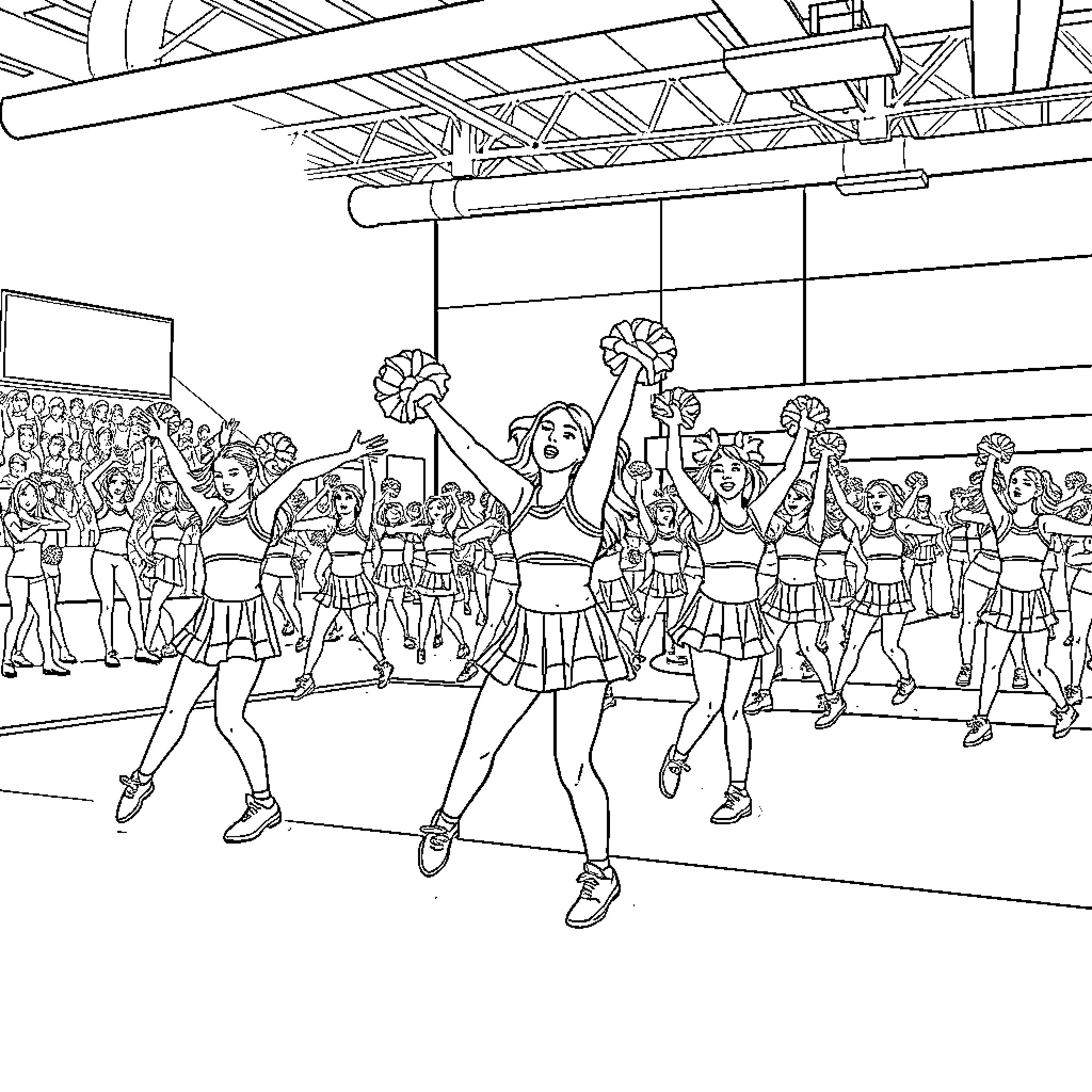 Cheerleaders performing energetic routine on stage Coloring Page (free black-and-white line drawing printable PDF for all, from beginners to advanced learners, including children, teens, adults, and seniors)