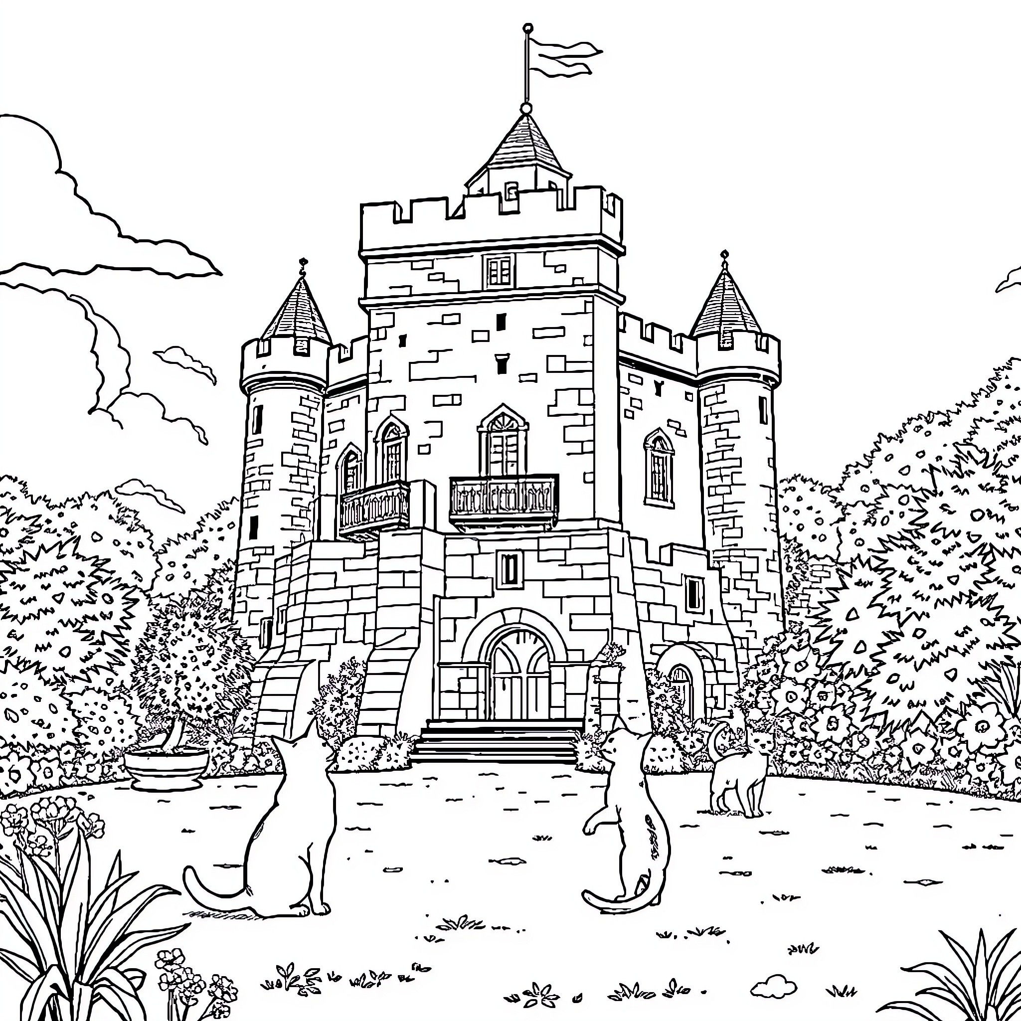 Castle with Playful Felines in Lush Surroundings Coloring Page (free black-and-white line drawing printable PDF for all, from beginners to advanced learners, including children, teens, adults, and seniors)