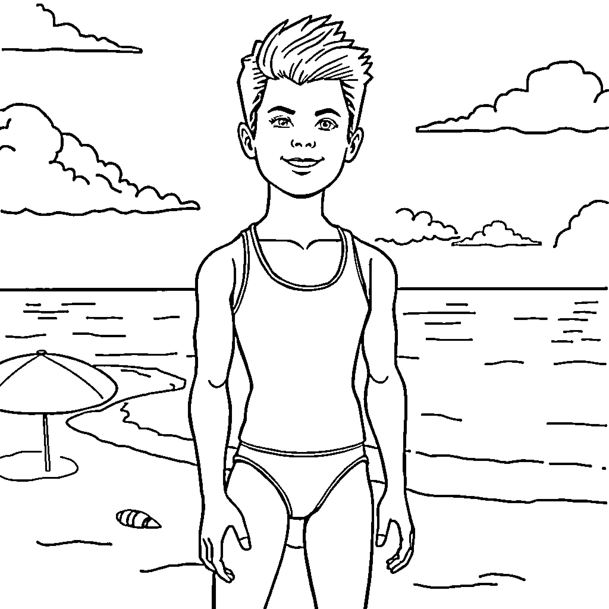 Ken enjoying a day at the beach Coloring Page (free black-and-white line drawing printable PDF for all, from beginners to advanced learners, including children, teens, adults, and seniors)