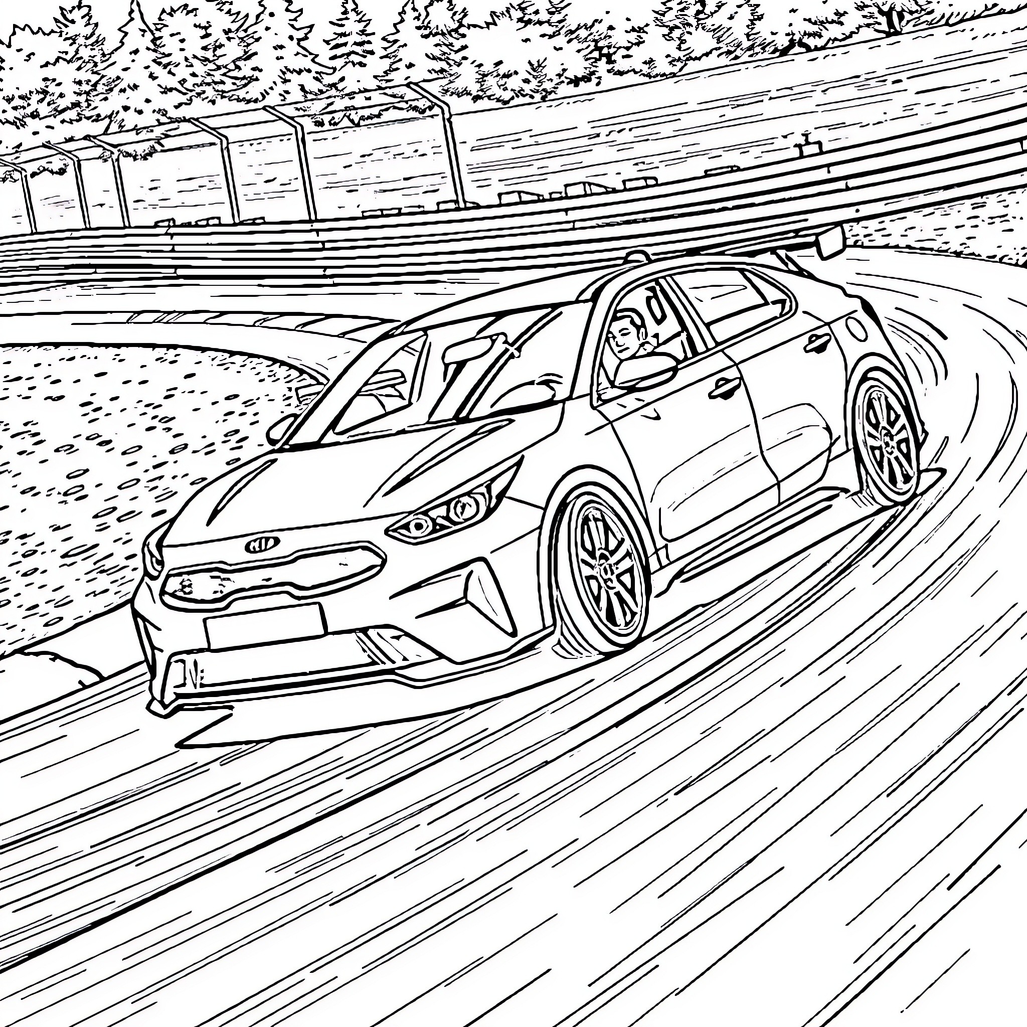 Kia Ev6 racing on the track Coloring Page (free black-and-white line drawing printable PDF for all, from beginners to advanced learners, including children, teens, adults, and seniors)