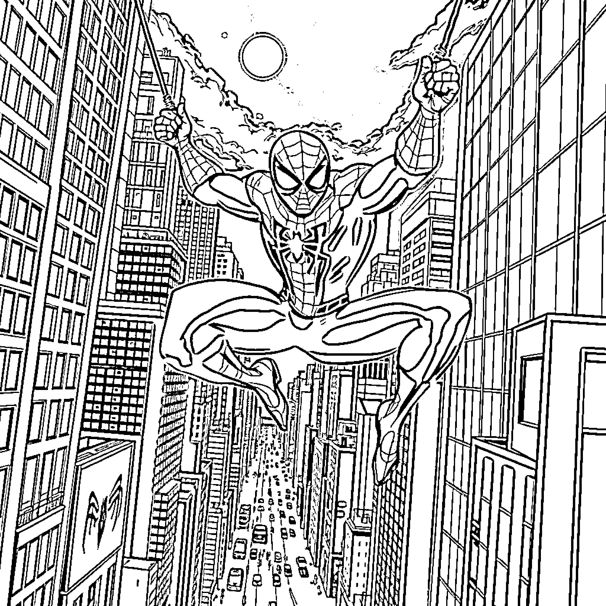 Spiderman heroically swinging through a city skyline Coloring Page (free black-and-white line drawing printable PDF for all, from beginners to advanced learners, including children, teens, adults, and seniors)