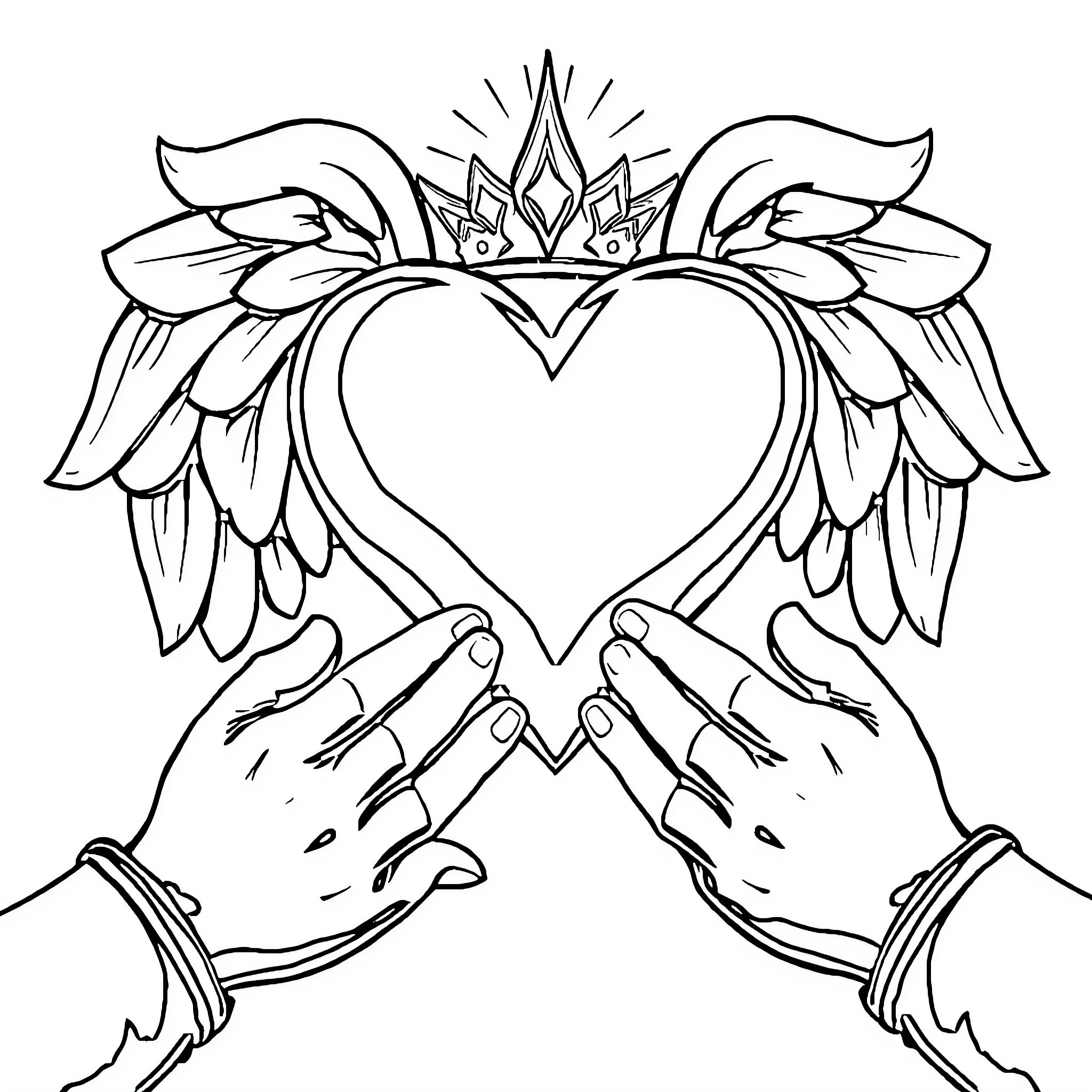 Heart embraced by angelic wings Coloring Page (free black-and-white line drawing printable PDF for all, from beginners to advanced learners, including children, teens, adults, and seniors)