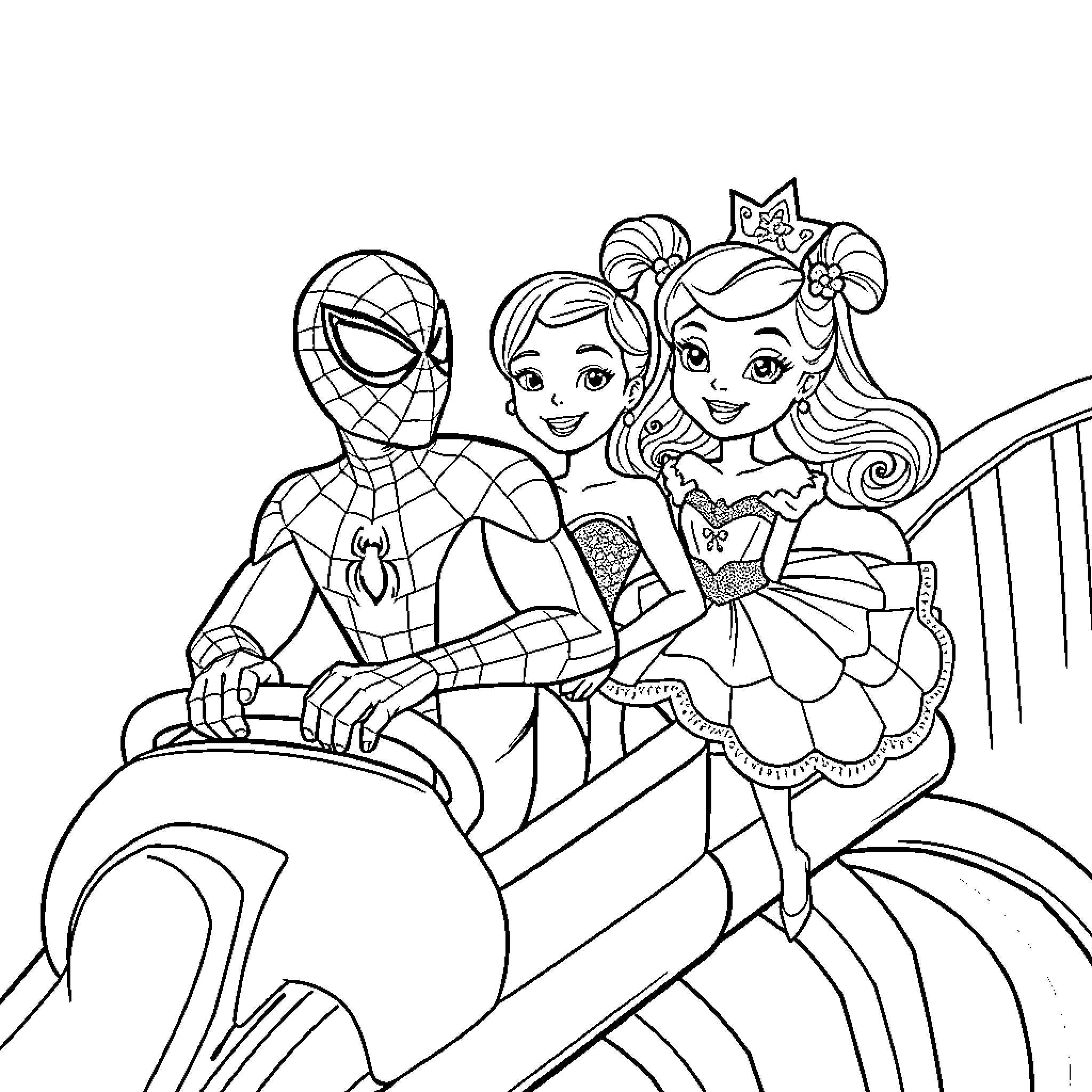 Spiderman and princess character dress up Coloring Page (free black-and-white line drawing printable PDF for all, from beginners to advanced learners, including children, teens, adults, and seniors)