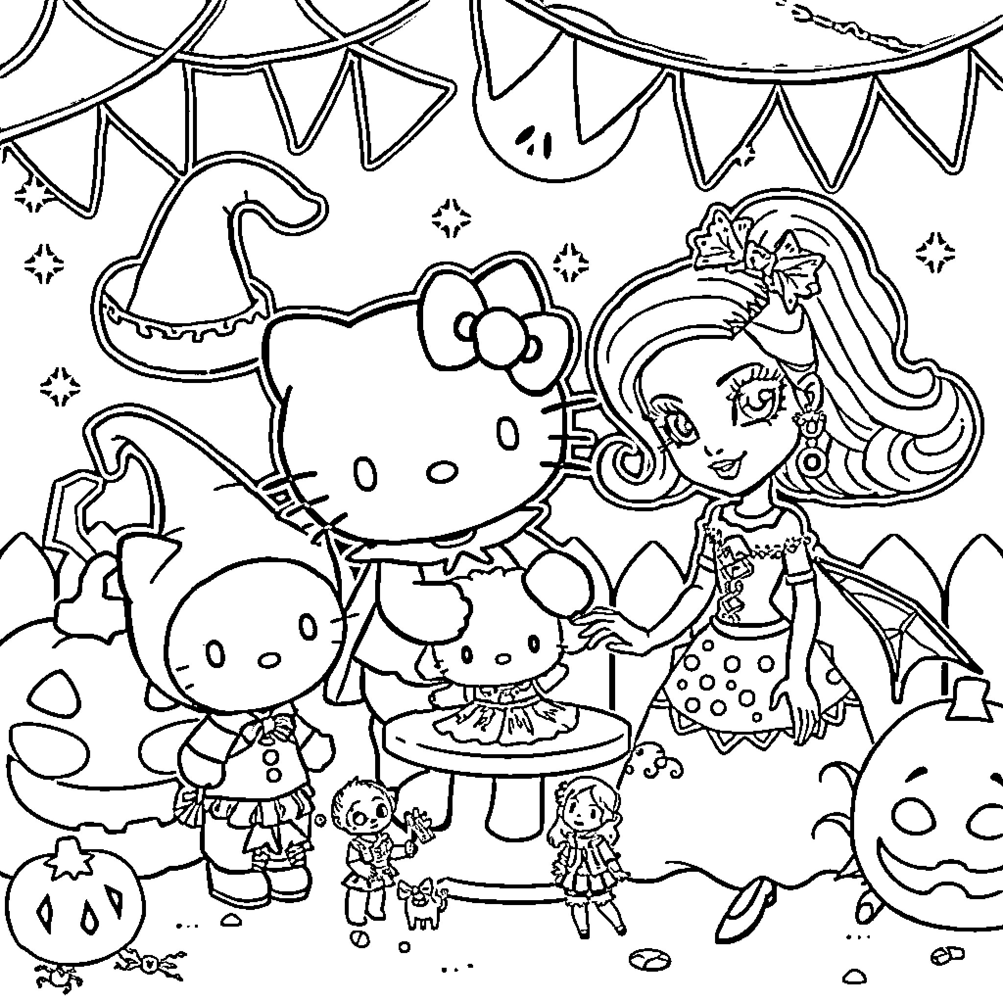 Hello Kitty and Friends Celebrate Halloween Coloring Page (free black-and-white line drawing printable PDF for all, from beginners to advanced learners, including children, teens, adults, and seniors)