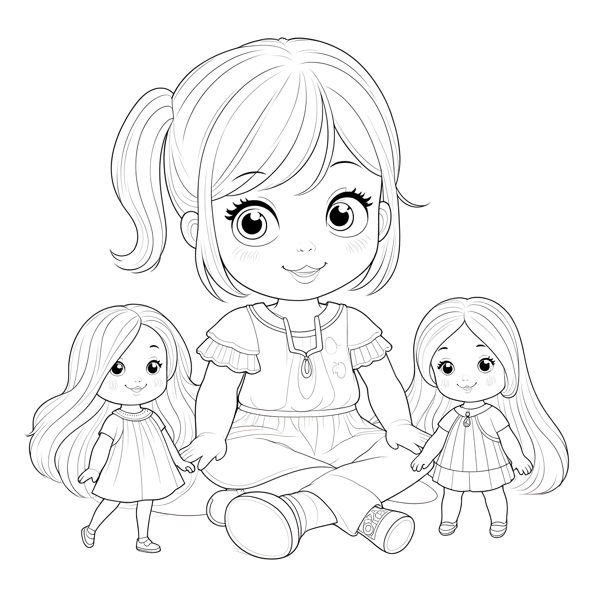 Girl playing with dolls happily Coloring Page (free black-and-white line drawing printable PDF for all, from beginners to advanced learners, including children, teens, adults, and seniors)