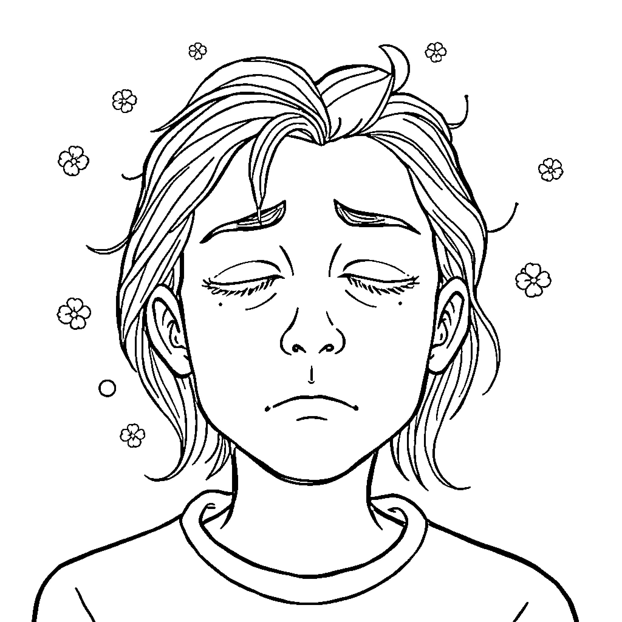 Brain of a weary person surrounded by flowers Coloring Page (free black-and-white line drawing printable PDF for all, from beginners to advanced learners, including children, teens, adults, and seniors)