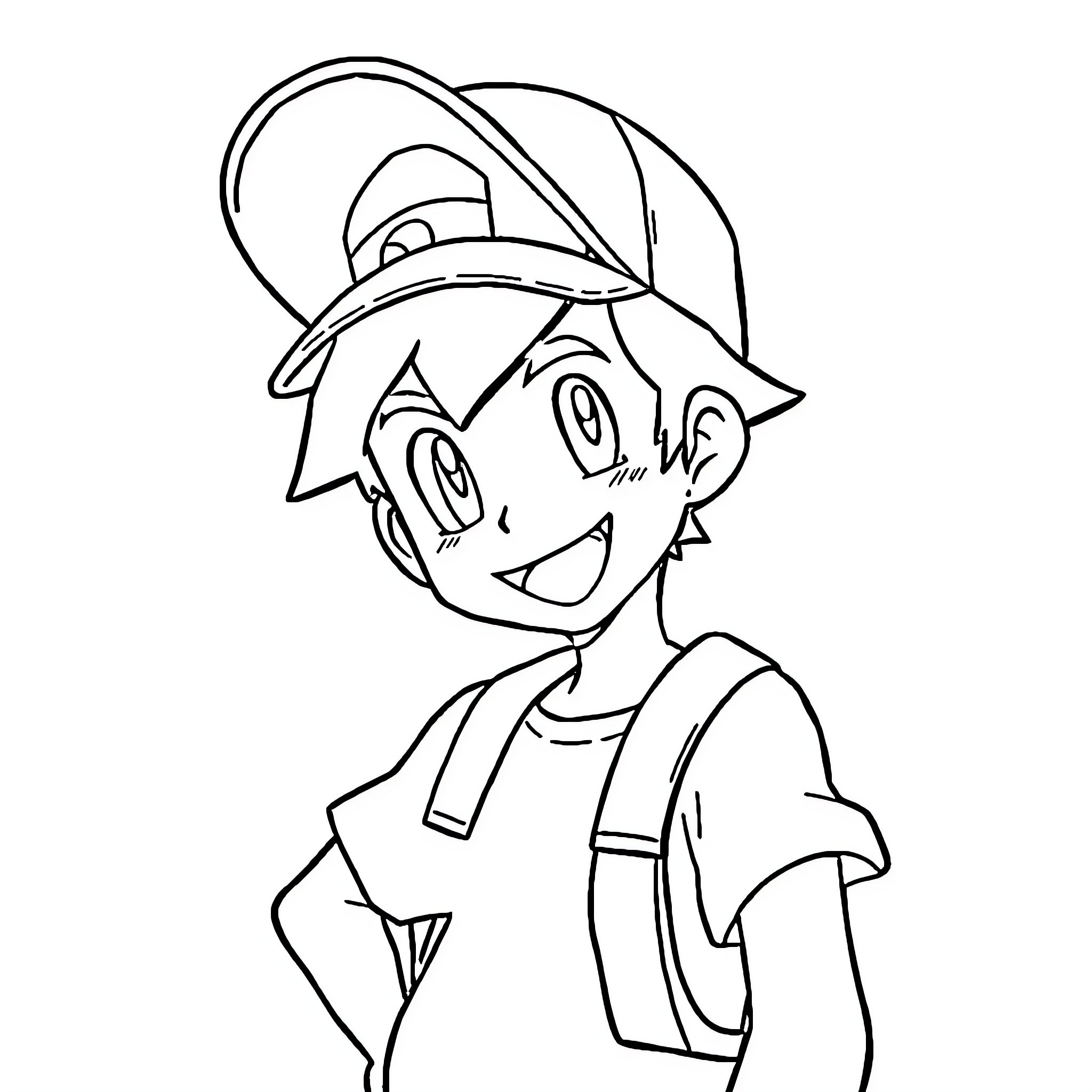 Ash Ketchum's Adventurous Anime Exploits Coloring Page (free black-and-white line drawing printable PDF for all, from beginners to advanced learners, including children, teens, adults, and seniors)