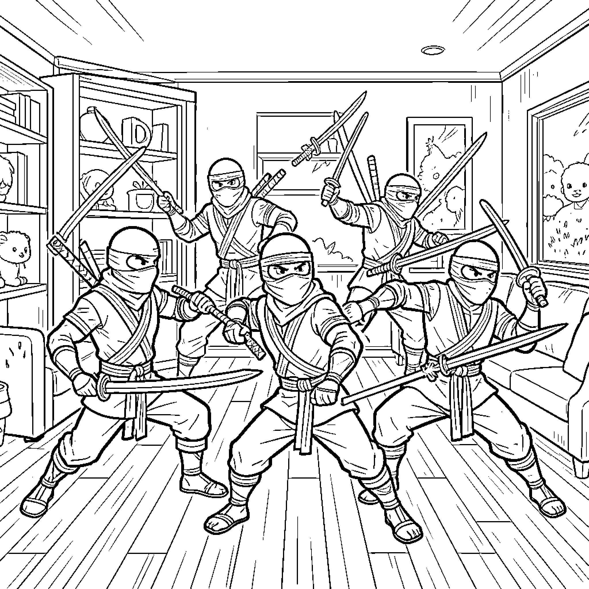 Ninjago warriors in intense battle stance Coloring Page (free black-and-white line drawing printable PDF for all, from beginners to advanced learners, including children, teens, adults, and seniors)