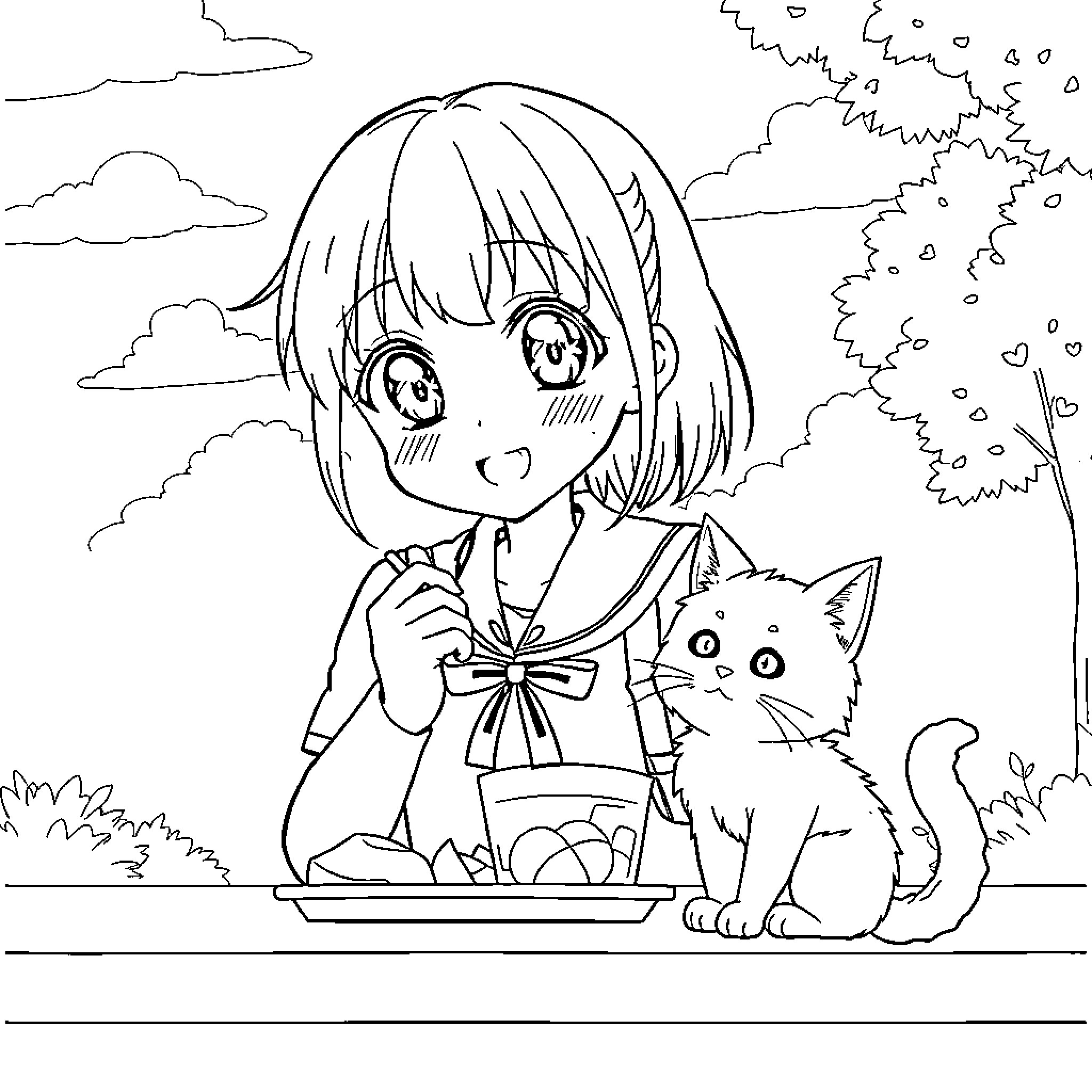 Anime Girl with Adorable Pet Cat Coloring Page (free black-and-white line drawing printable PDF for all, from beginners to advanced learners, including children, teens, adults, and seniors)