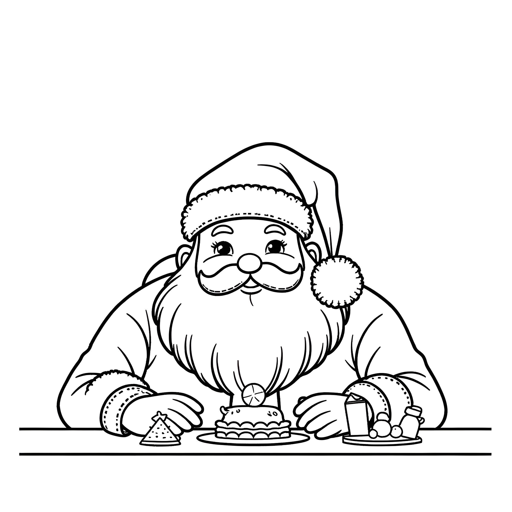 Santa Claus enjoying a festive treat Coloring Page (free black-and-white line drawing printable PDF for all, from beginners to advanced learners, including children, teens, adults, and seniors)