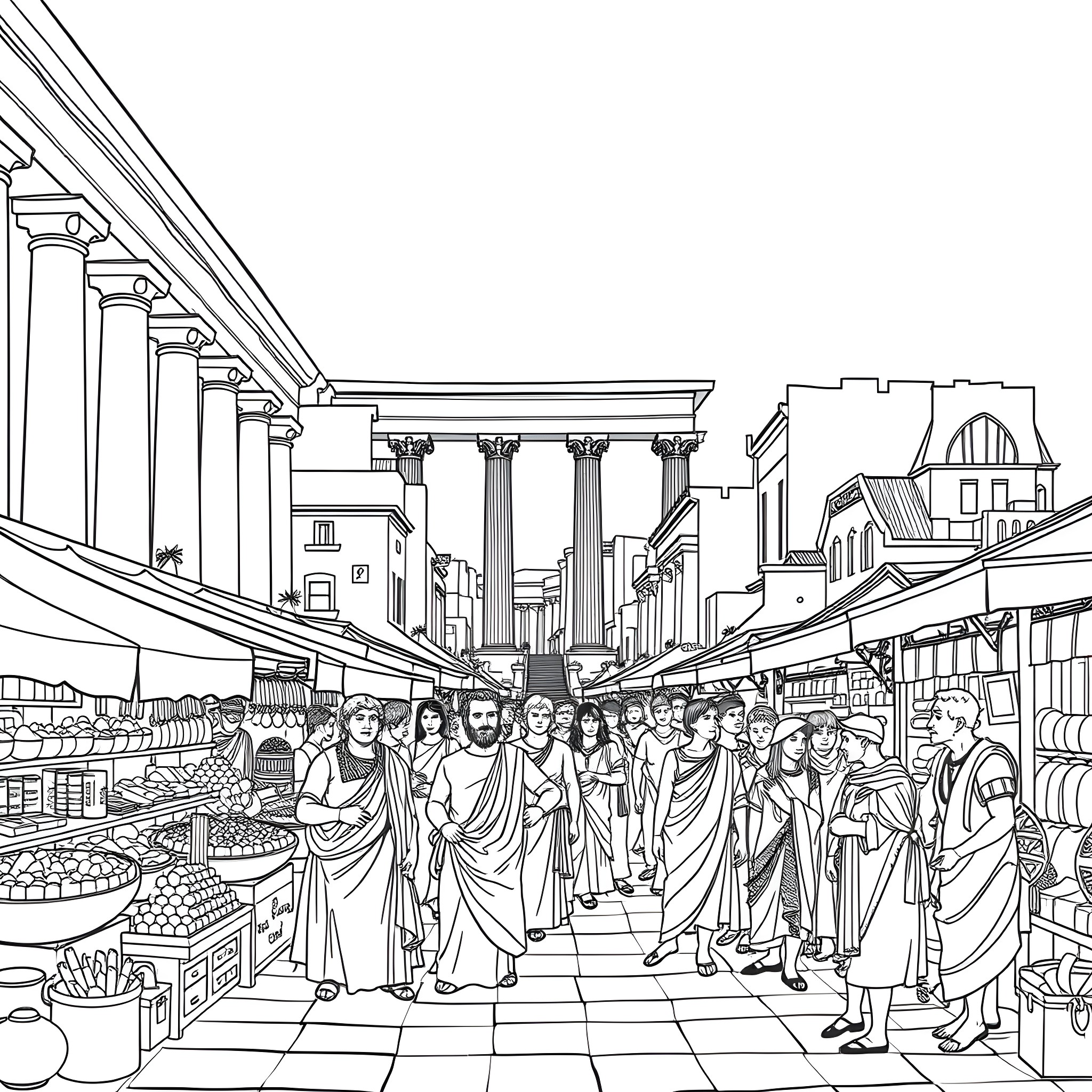 Roman figures in a bustling marketplace scene Coloring Page (free black-and-white line drawing printable PDF for all, from beginners to advanced learners, including children, teens, adults, and seniors)