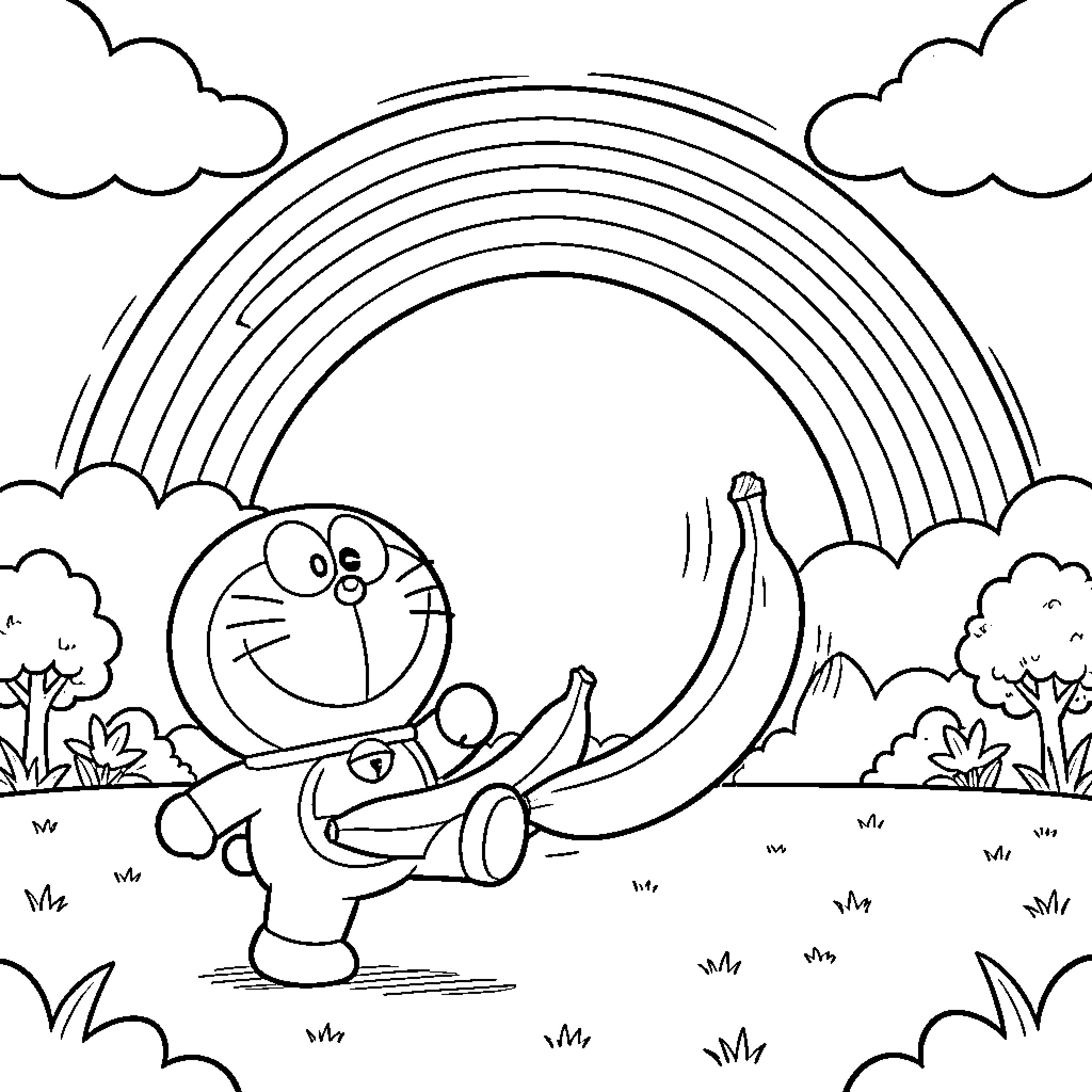 Doreamon playing joyfully in the colorful landscape Coloring Page (free black-and-white line drawing printable PDF for all, from beginners to advanced learners, including children, teens, adults, and seniors)