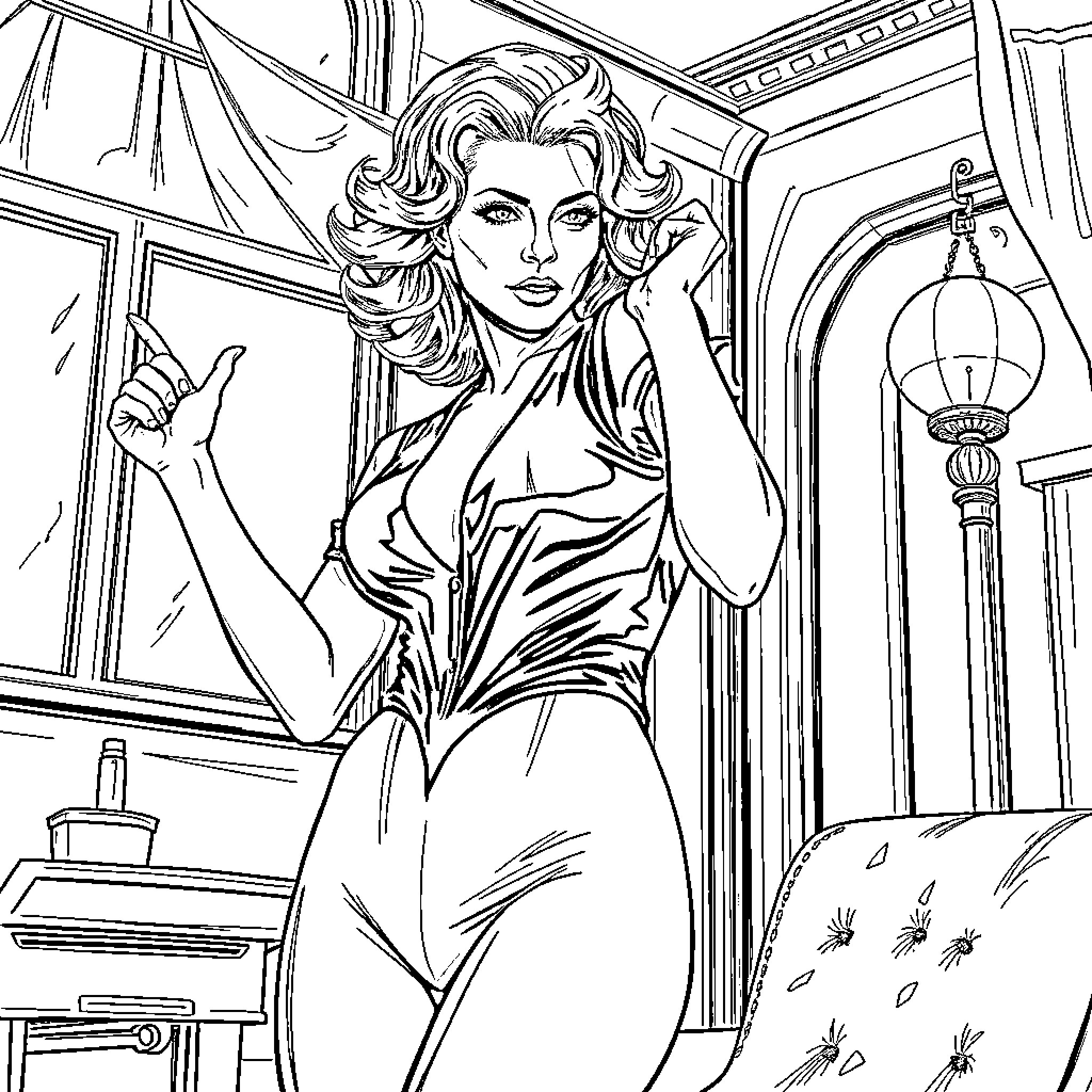 Jamie Lee Curtis portrayed in a glamorous, seductive pose Coloring Page (free black-and-white line drawing printable PDF for all, from beginners to advanced learners, including children, teens, adults, and seniors)