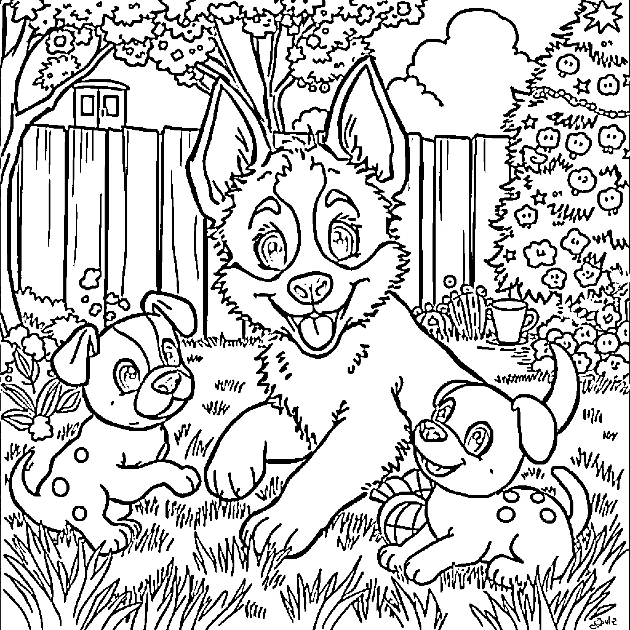 Bluey's playful adventure in the enchanted forest Coloring Page (free black-and-white line drawing printable PDF for all, from beginners to advanced learners, including children, teens, adults, and seniors)