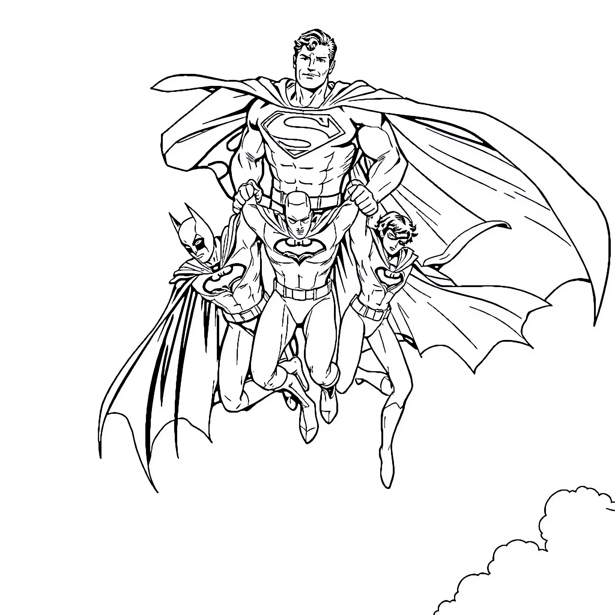 Superman and Batman flying heroically in action Coloring Page (free black-and-white line drawing printable PDF for all, from beginners to advanced learners, including children, teens, adults, and seniors)