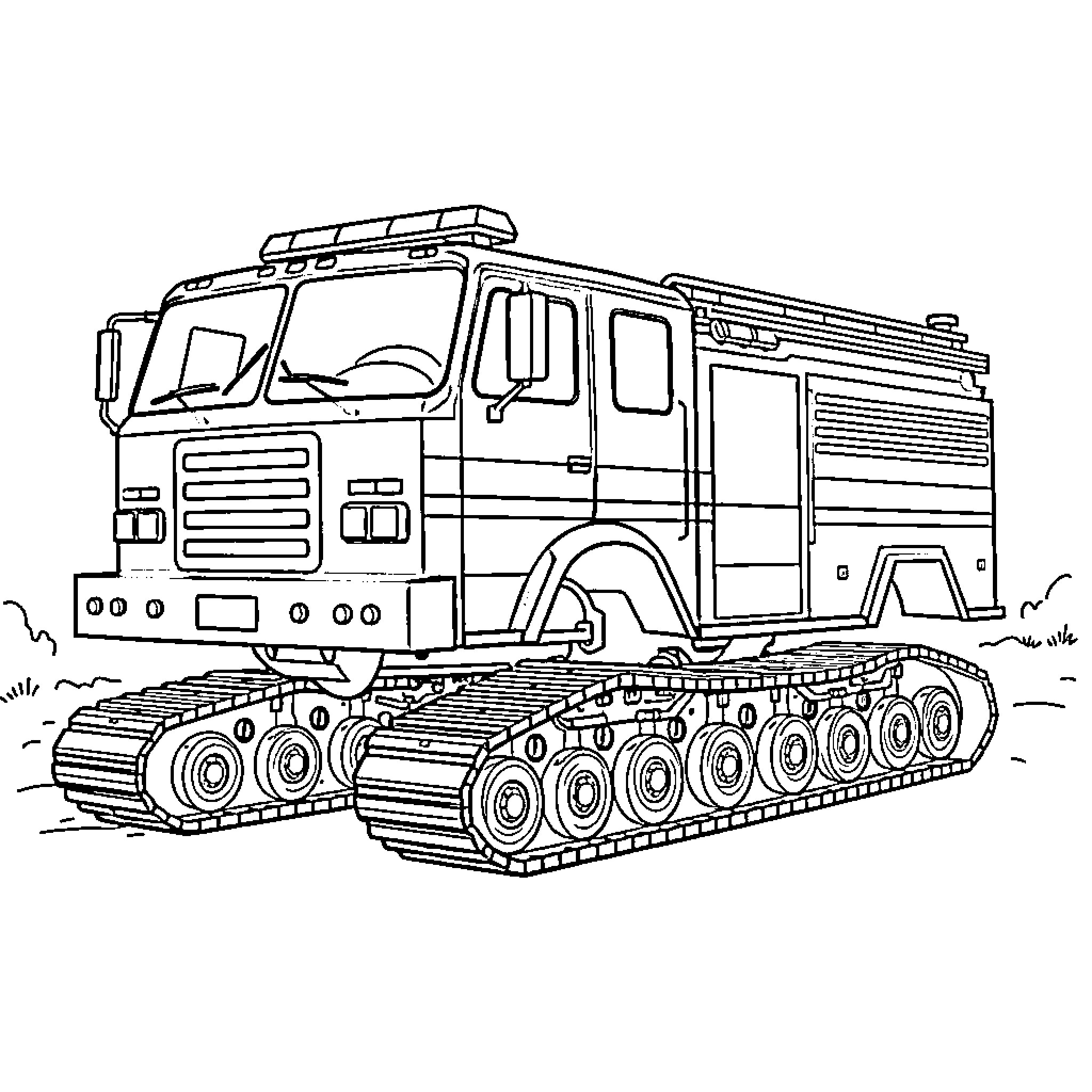 Firetruck Equipped for Rugged Terrain Coloring Page (free black-and-white line drawing printable PDF for all, from beginners to advanced learners, including children, teens, adults, and seniors)