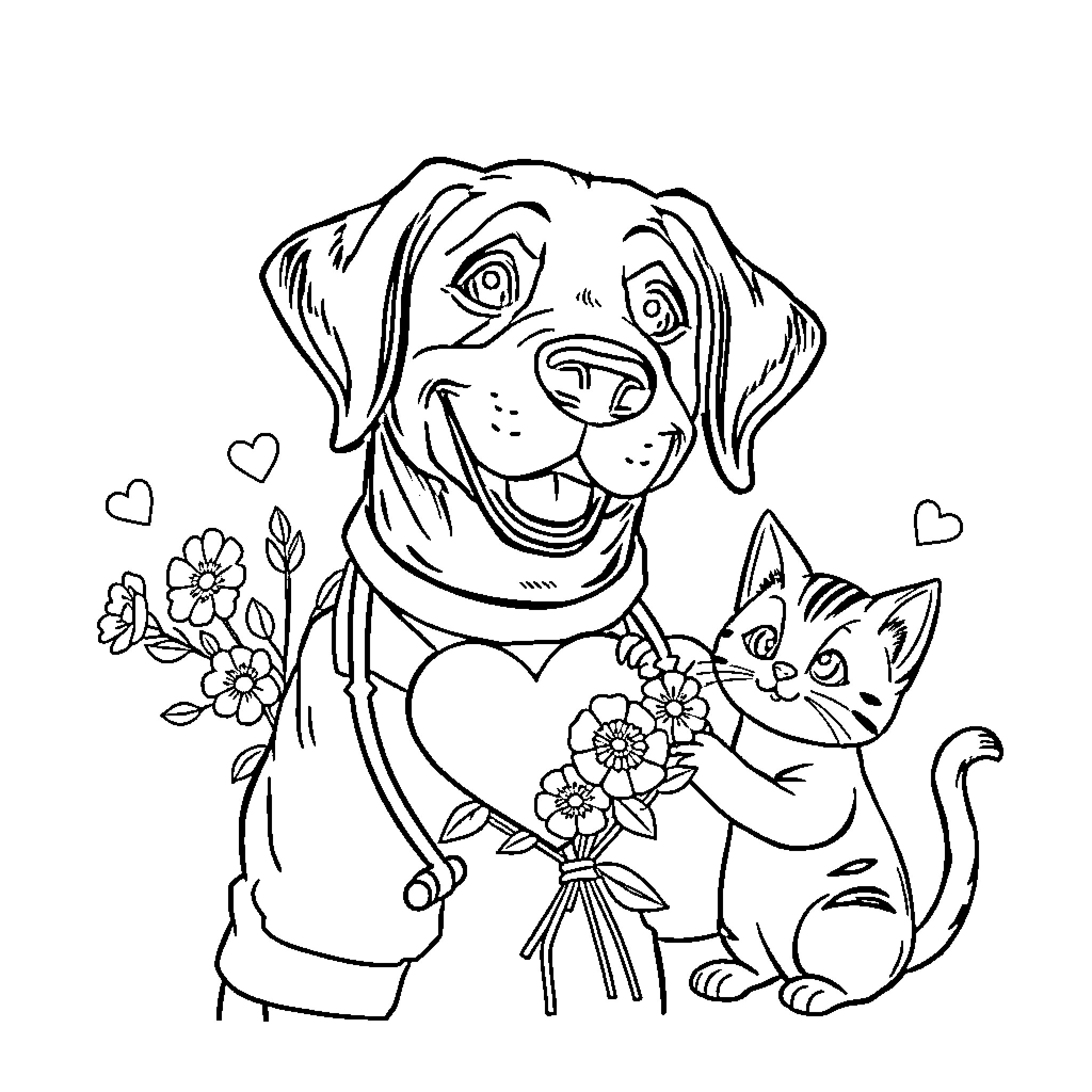 Labrador carrying flowers for kitten companion Coloring Page (free black-and-white line drawing printable PDF for all, from beginners to advanced learners, including children, teens, adults, and seniors)