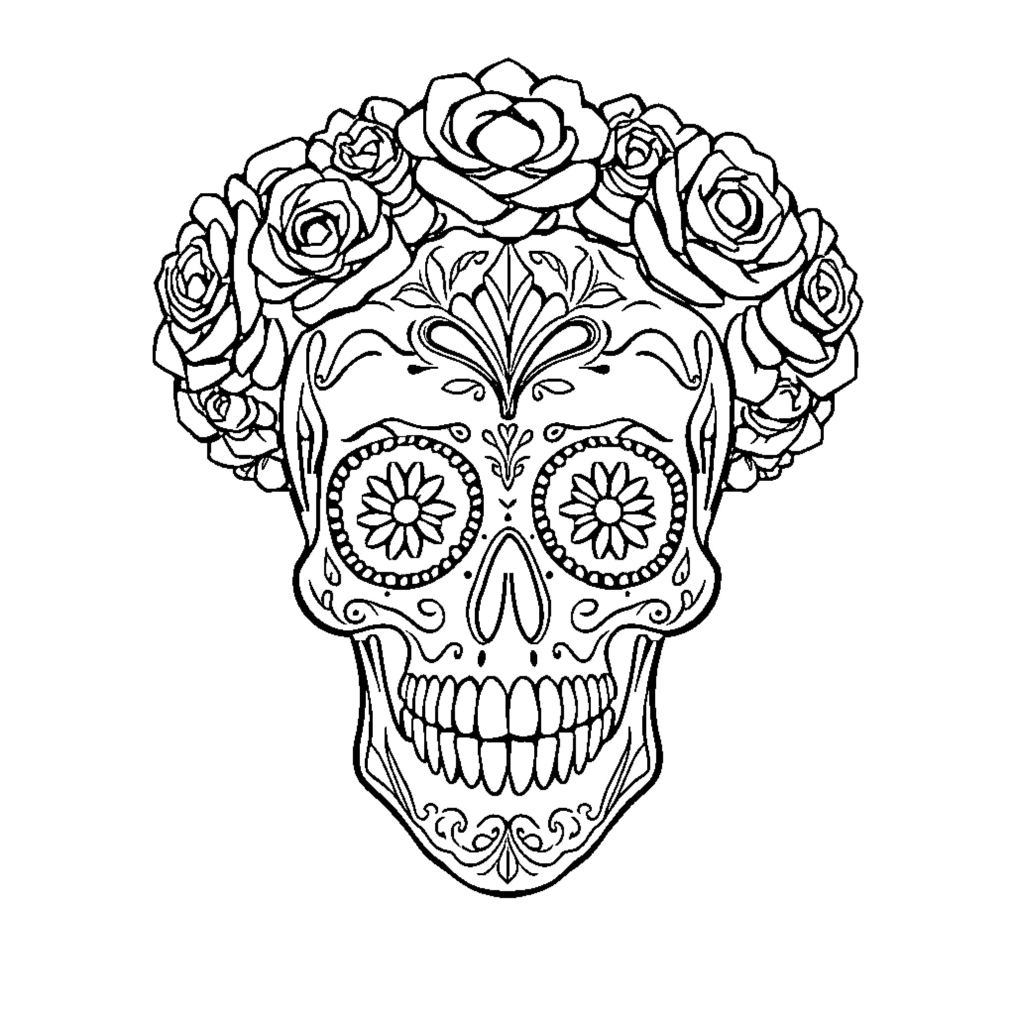 Calavera with Ornate Floral Crown Coloring Page (free black-and-white line drawing printable PDF for all, from beginners to advanced learners, including children, teens, adults, and seniors)