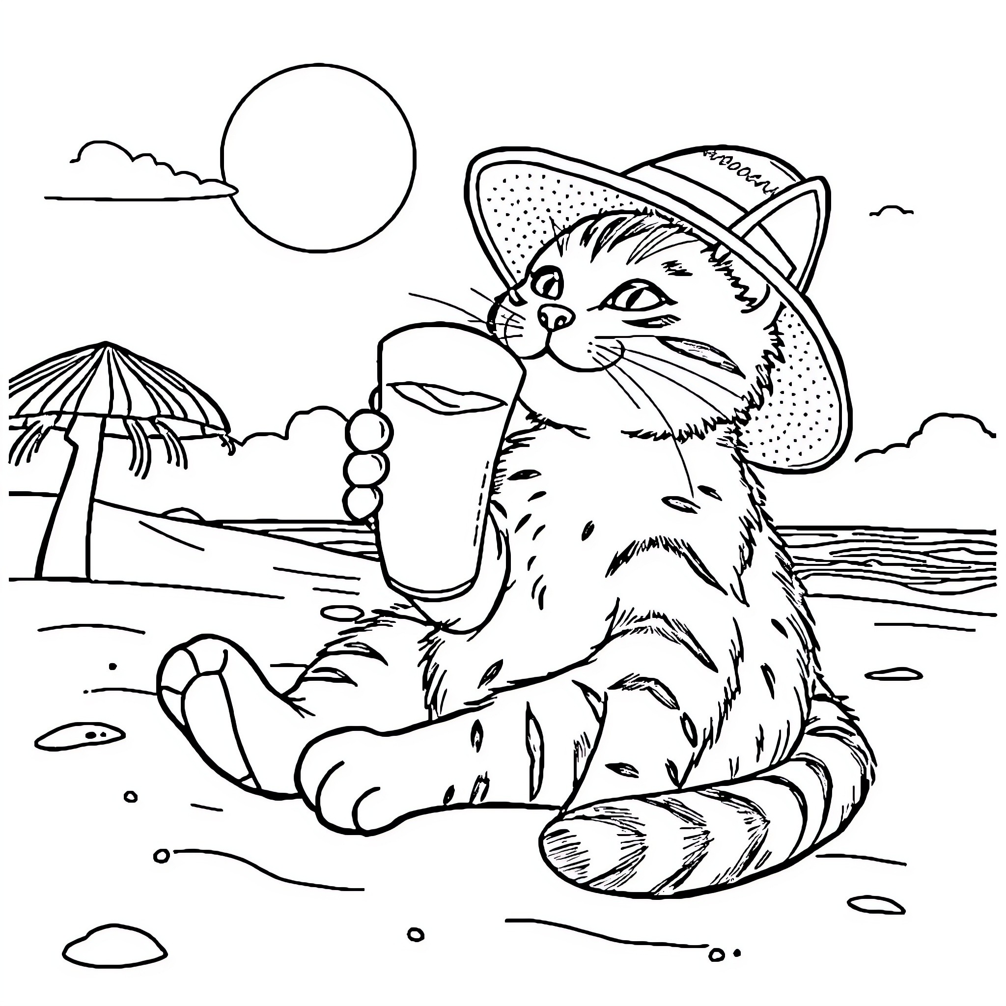 Cat Enjoying Summer Vacation at the Beach Coloring Page (free black-and-white line drawing printable PDF for all, from beginners to advanced learners, including children, teens, adults, and seniors)