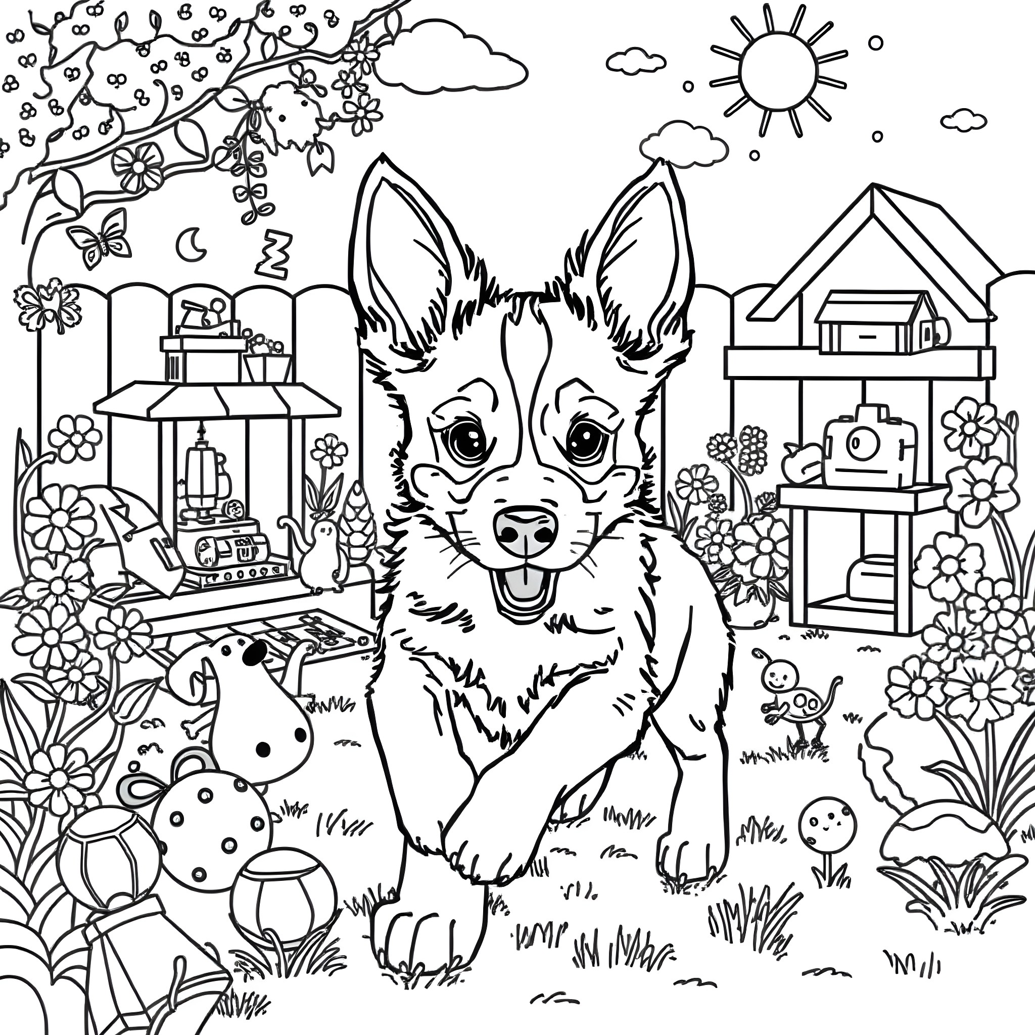 Bluey playing with friends in the backyard Coloring Page (free black-and-white line drawing printable PDF for all, from beginners to advanced learners, including children, teens, adults, and seniors)