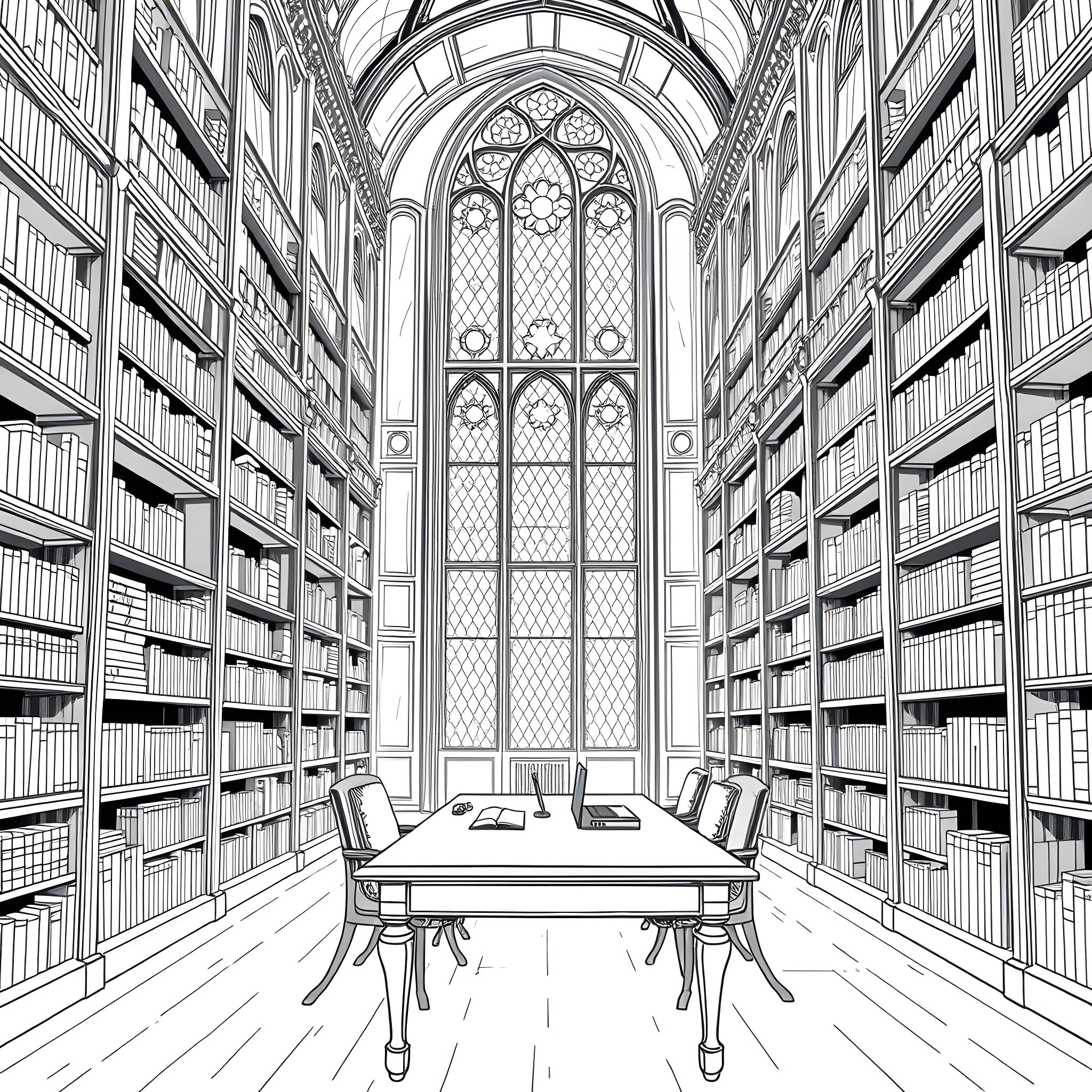 Man in a grand historic library Coloring Page (free black-and-white line drawing printable PDF for all, from beginners to advanced learners, including children, teens, adults, and seniors)