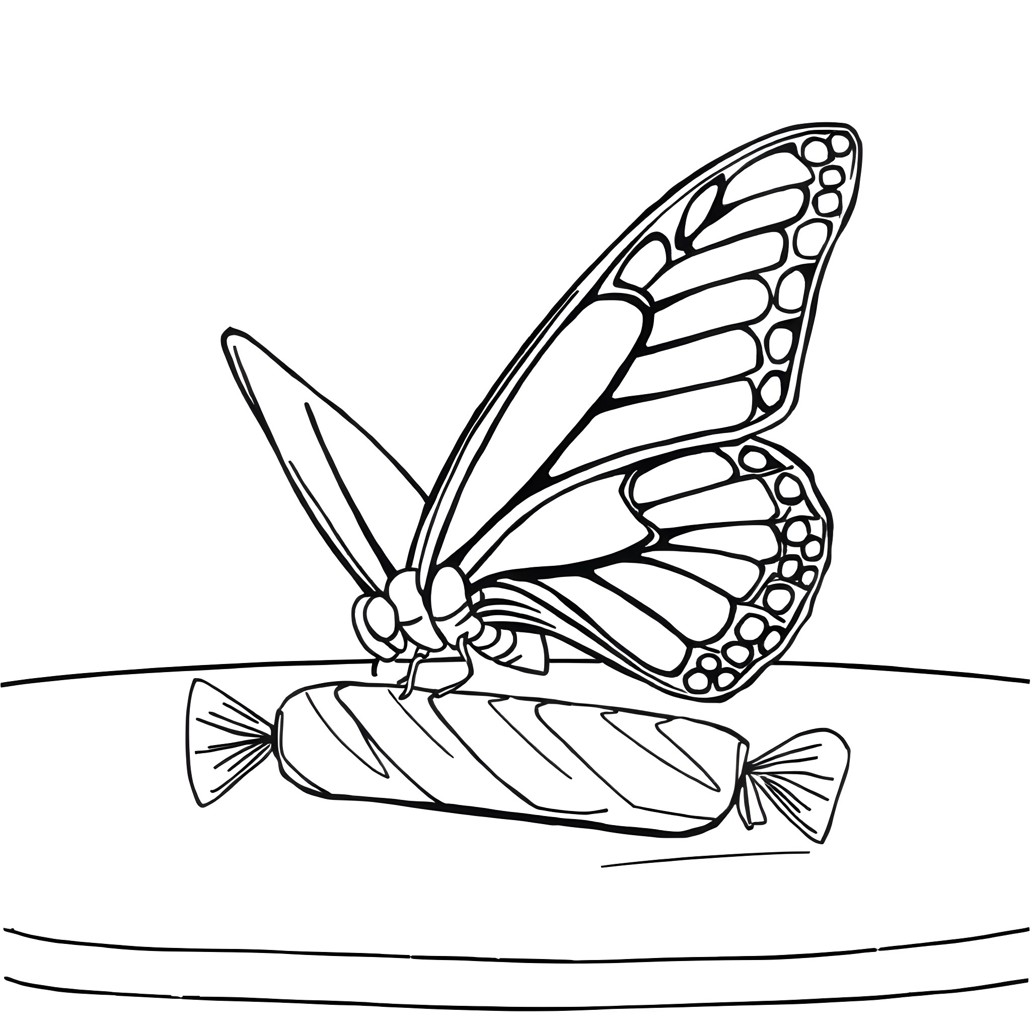 Butterfly resting on a log Coloring Page (free black-and-white line drawing printable PDF for all, from beginners to advanced learners, including children, teens, adults, and seniors)