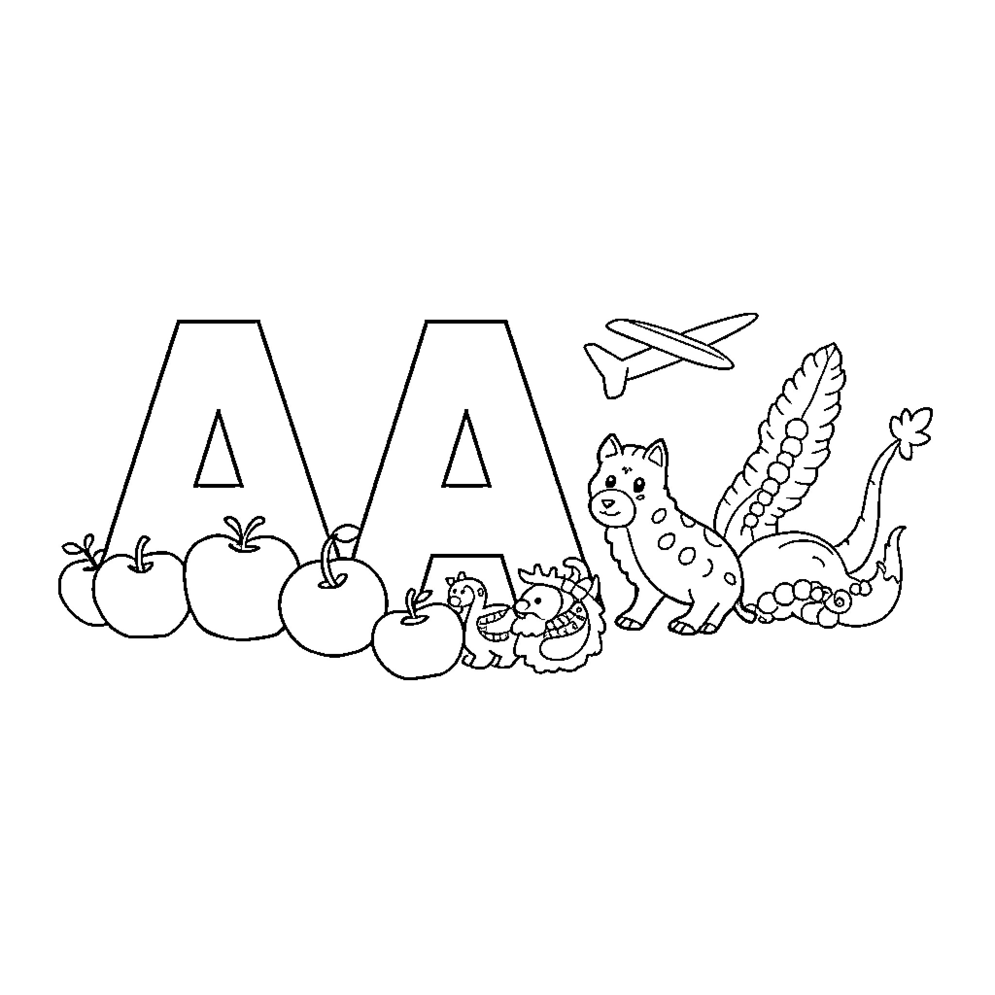 A Colorful Scene with Letters, Animals, and Objects Coloring Page (free black-and-white line drawing printable PDF for all, from beginners to advanced learners, including children, teens, adults, and seniors)