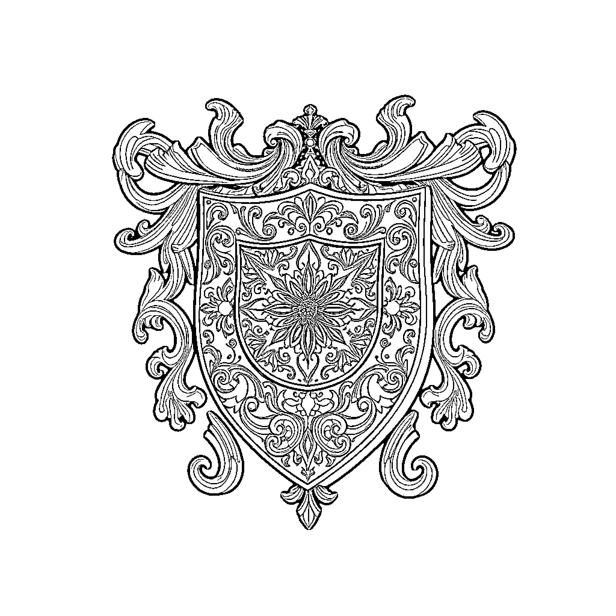 Shield of ornate floral and scrolling designs Coloring Page (free black-and-white line drawing printable PDF for all, from beginners to advanced learners, including children, teens, adults, and seniors)
