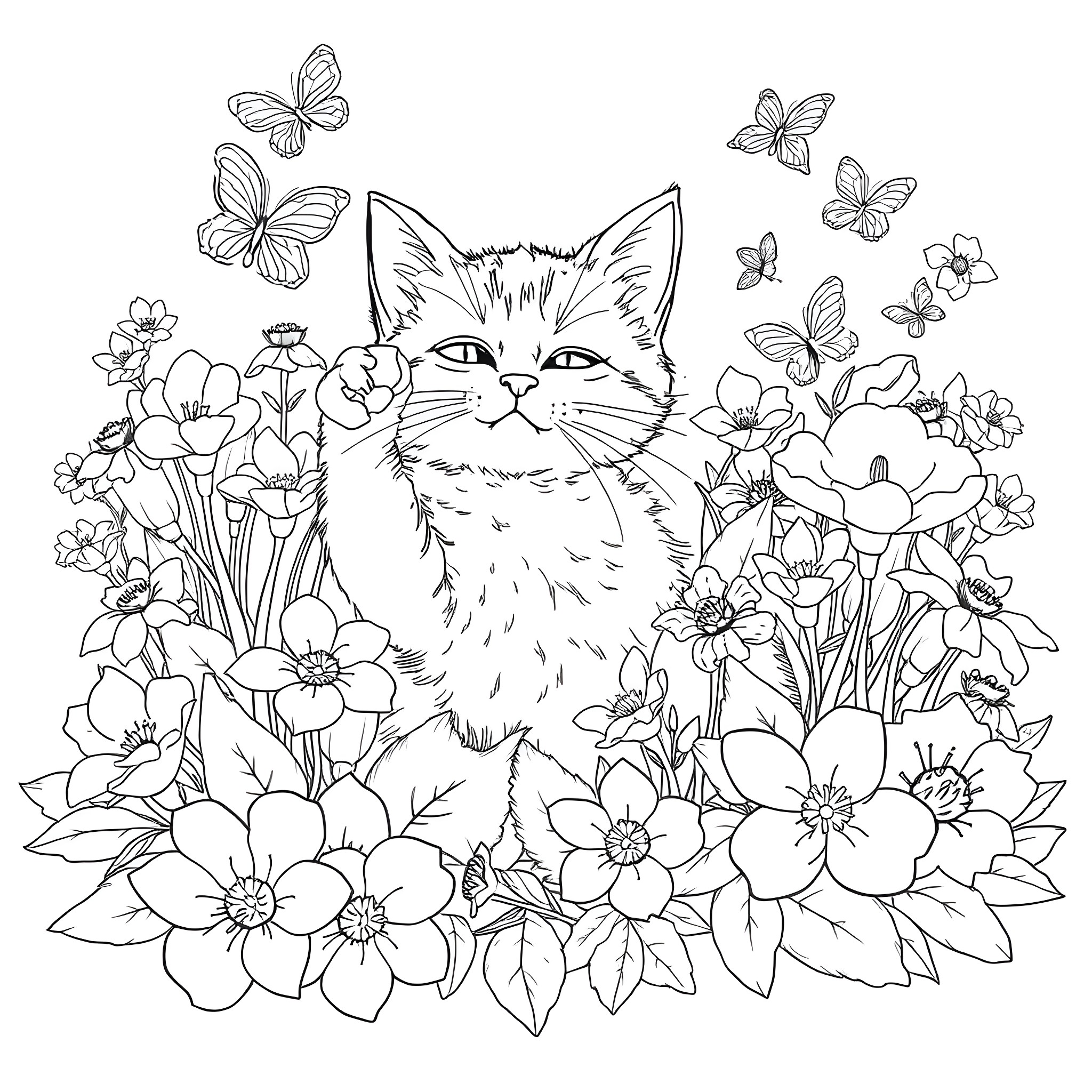 Cat in a Floral Garden Coloring Page (free black-and-white line drawing printable PDF for all, from beginners to advanced learners, including children, teens, adults, and seniors)