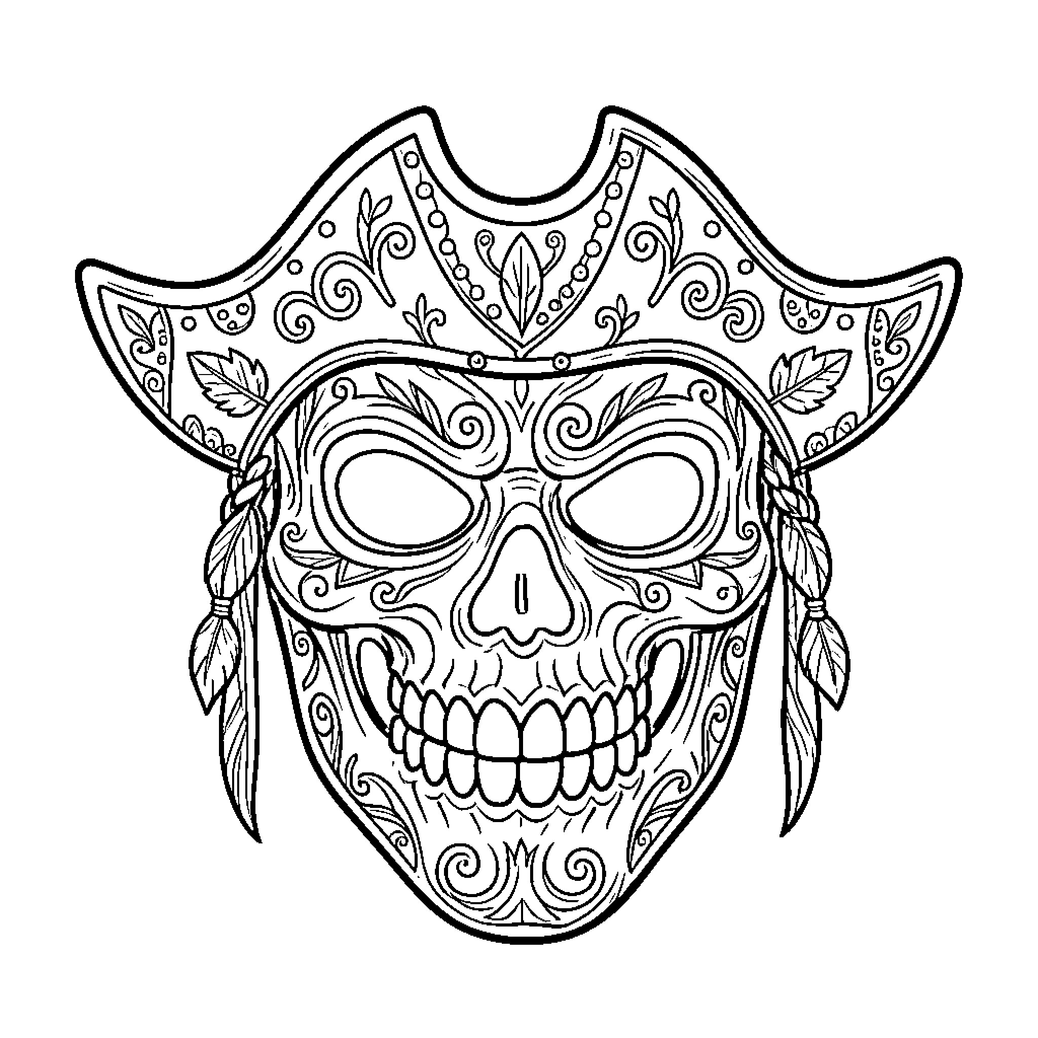 Pirate Mask with intricate decorative patterns Coloring Page (free black-and-white line drawing printable PDF for all, from beginners to advanced learners, including children, teens, adults, and seniors)