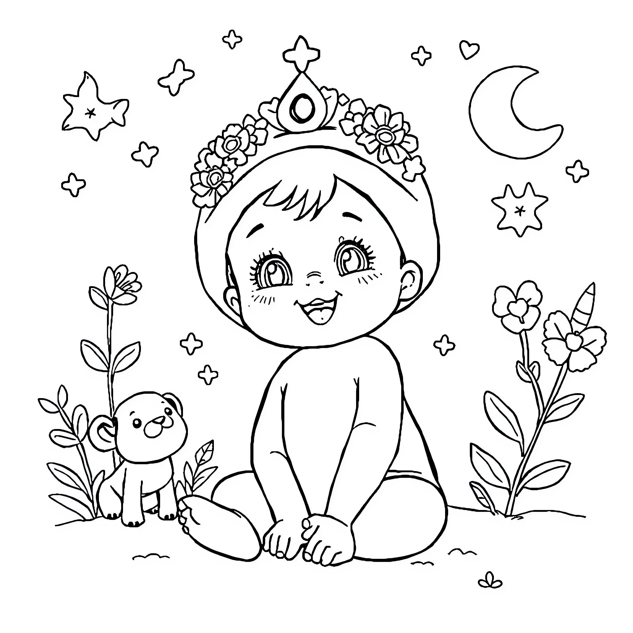 Baby sitting with toy and surrounded by flowers Coloring Page (free black-and-white line drawing printable PDF for all, from beginners to advanced learners, including children, teens, adults, and seniors)